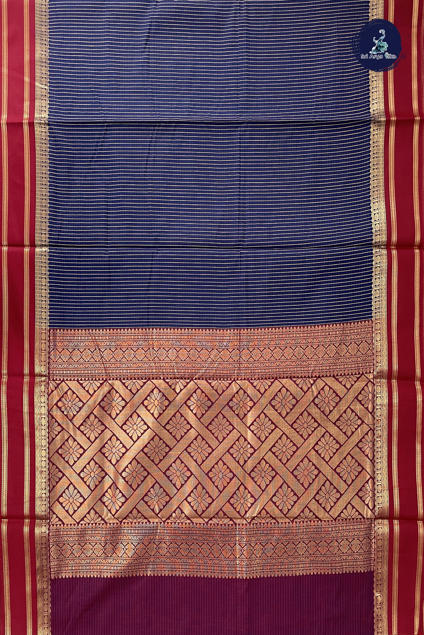 Navy Blue Madisar Semi Silk Cotton Saree With Checked Pattern