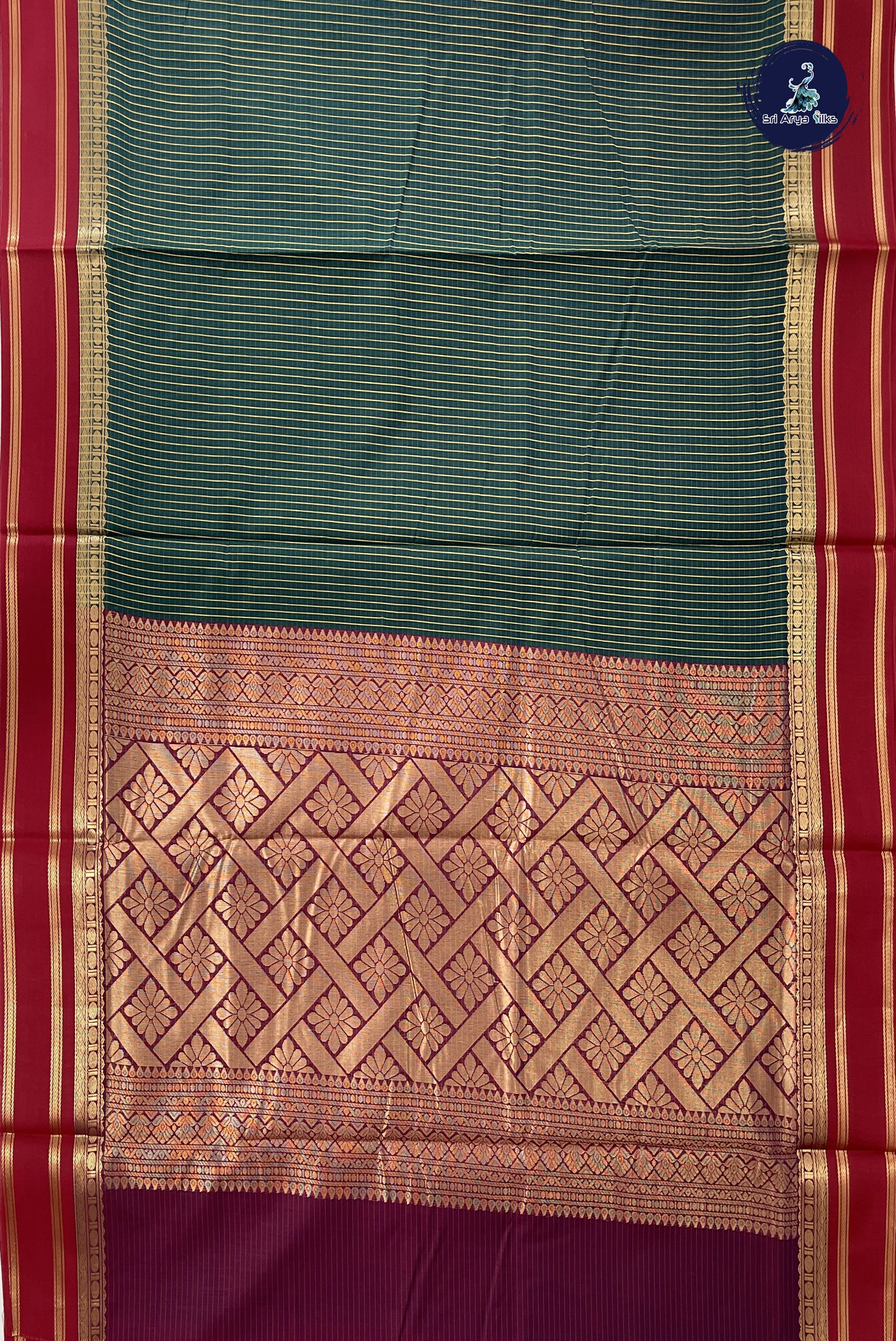 Bottle Green Madisar Semi Silk Cotton Saree With Checked Pattern