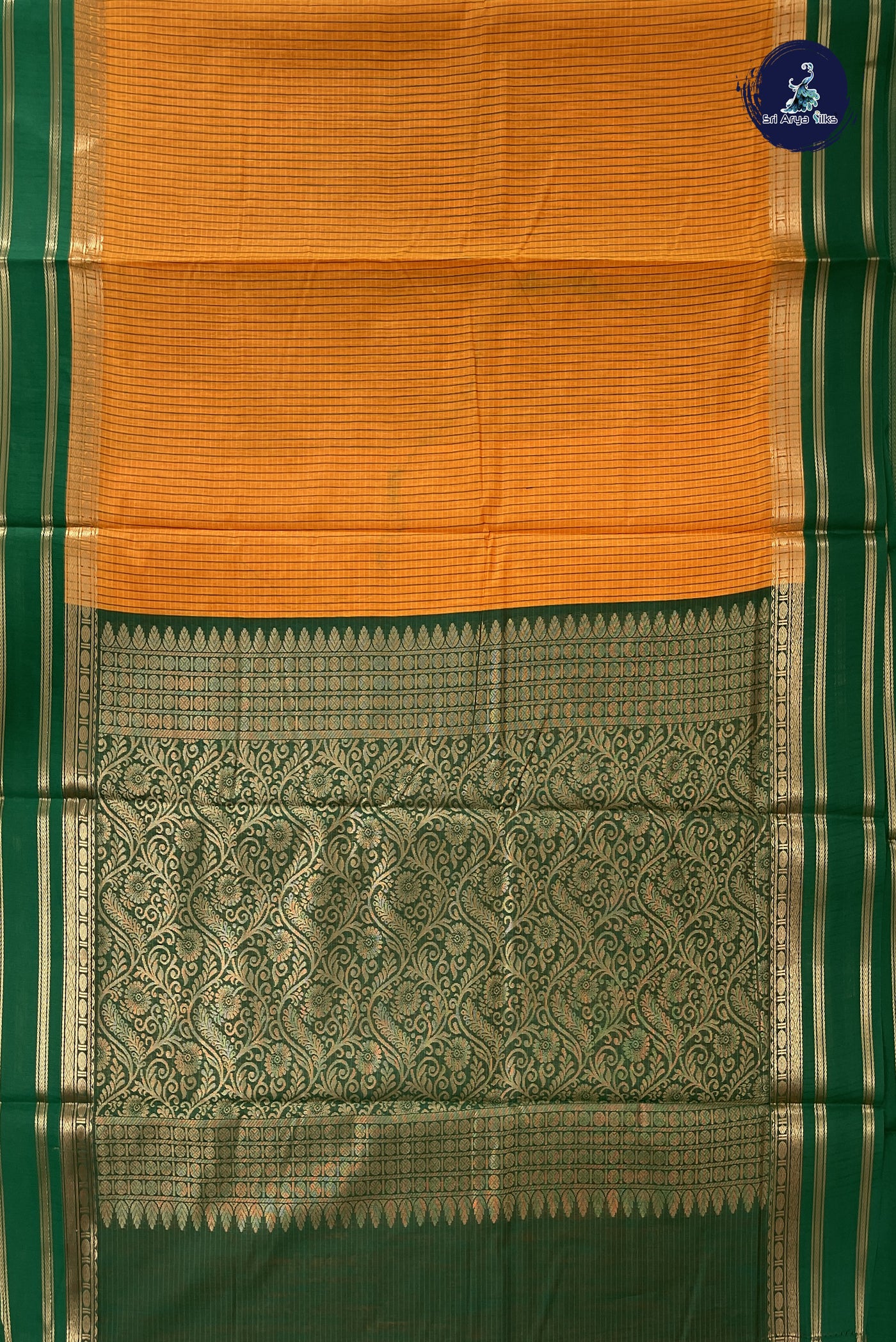 Yellowish Orange Madisar Semi Silk Cotton Saree With Checked Pattern