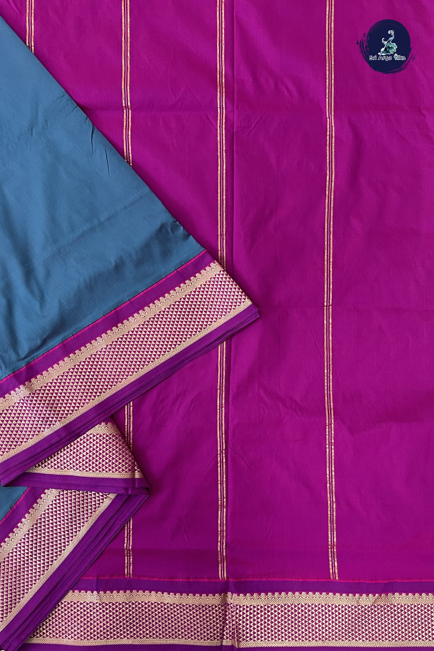 Teal Blue 9 Yards Semi Silk With Plain Pattern