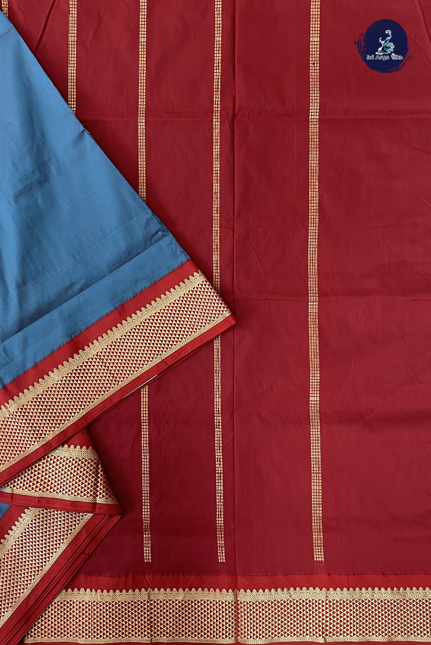 Teal Blue 9  Yards Semi Silk With Plain Pattern