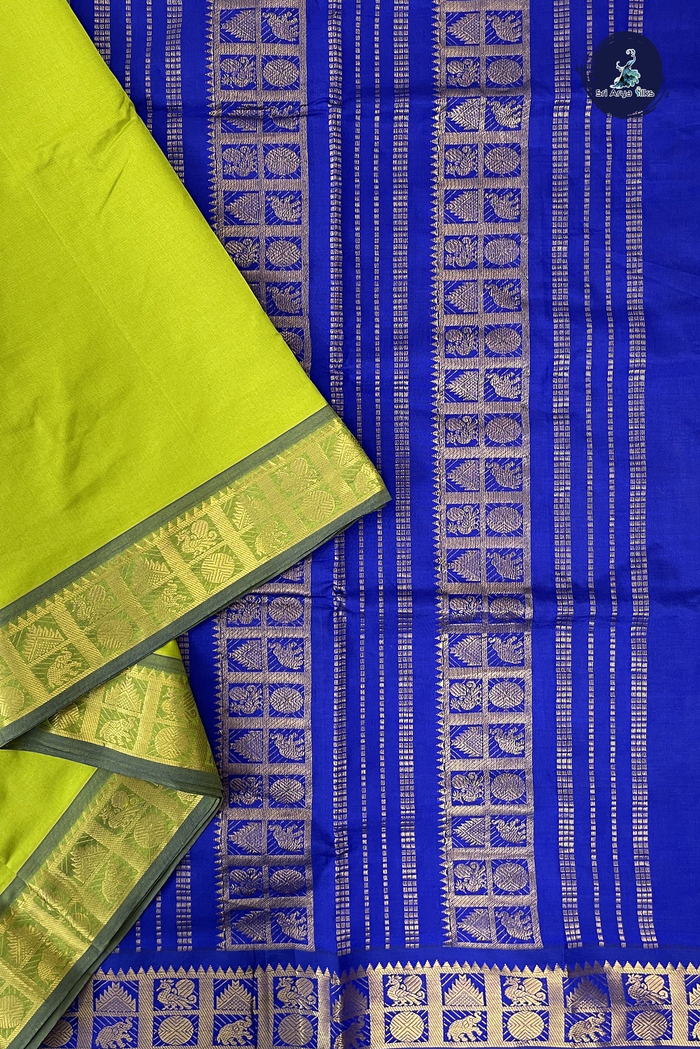 Lime Green Madisar Semi Silk Cotton Saree With Plain Pattern