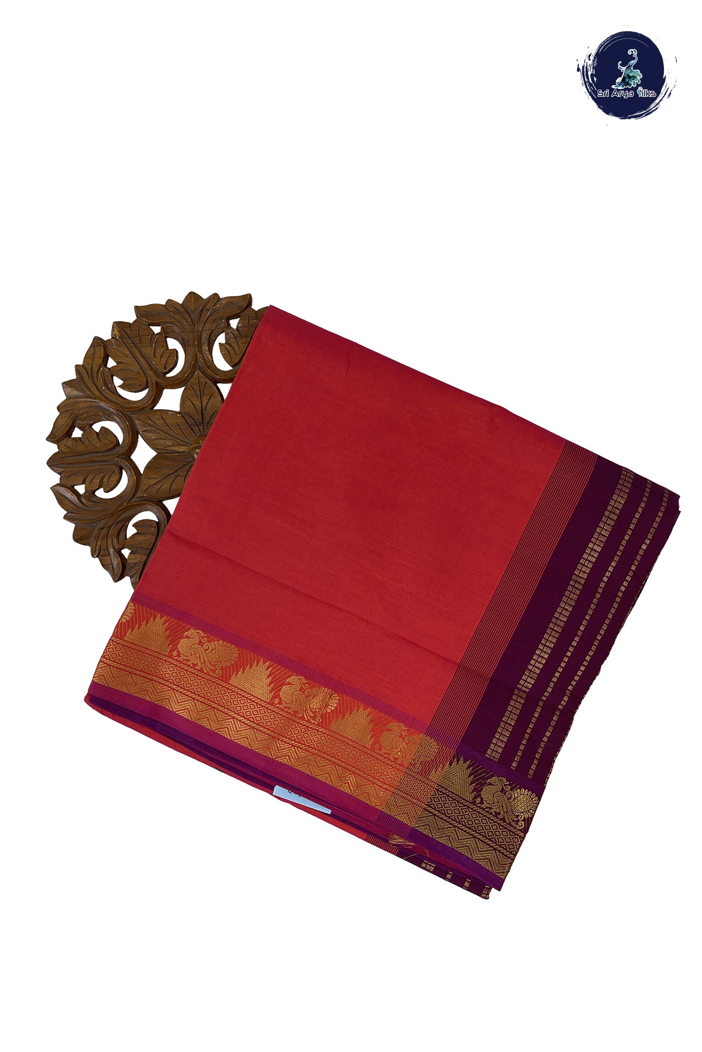 Rust Madisar Semi Silk Cotton Saree With Plain Pattern
