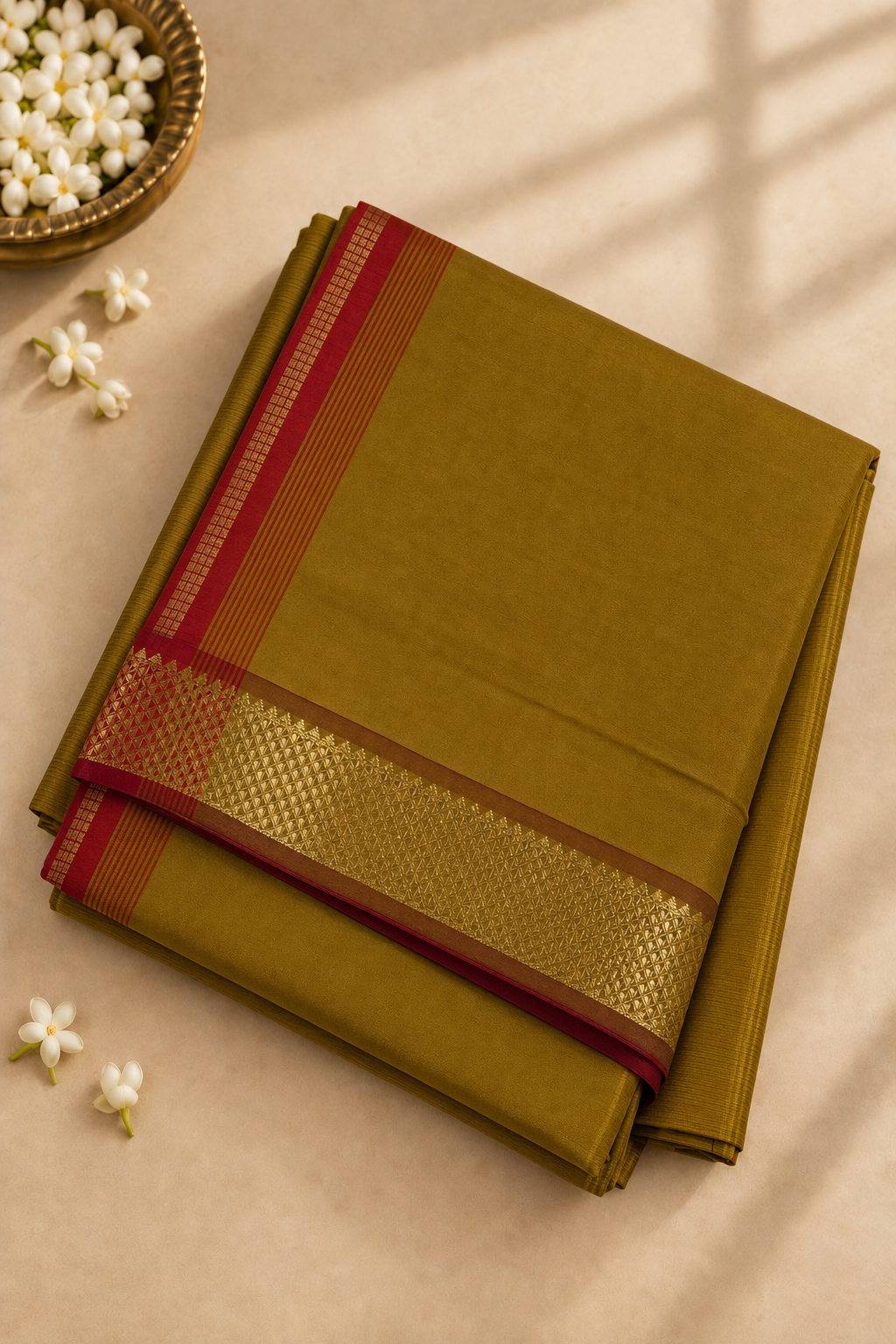 Mustard Madisar Half pure Silk Cotton Saree With Plain Pattern
