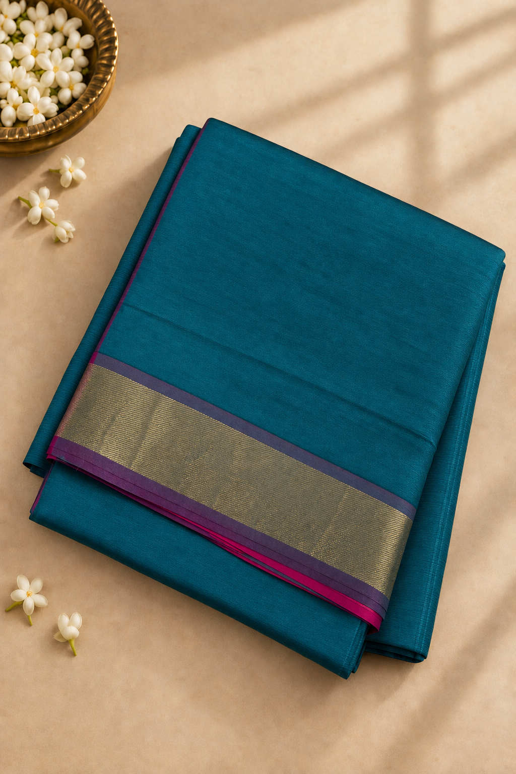 Peacock Green Madisar Half pure Silk Cotton Saree With Plain Pattern