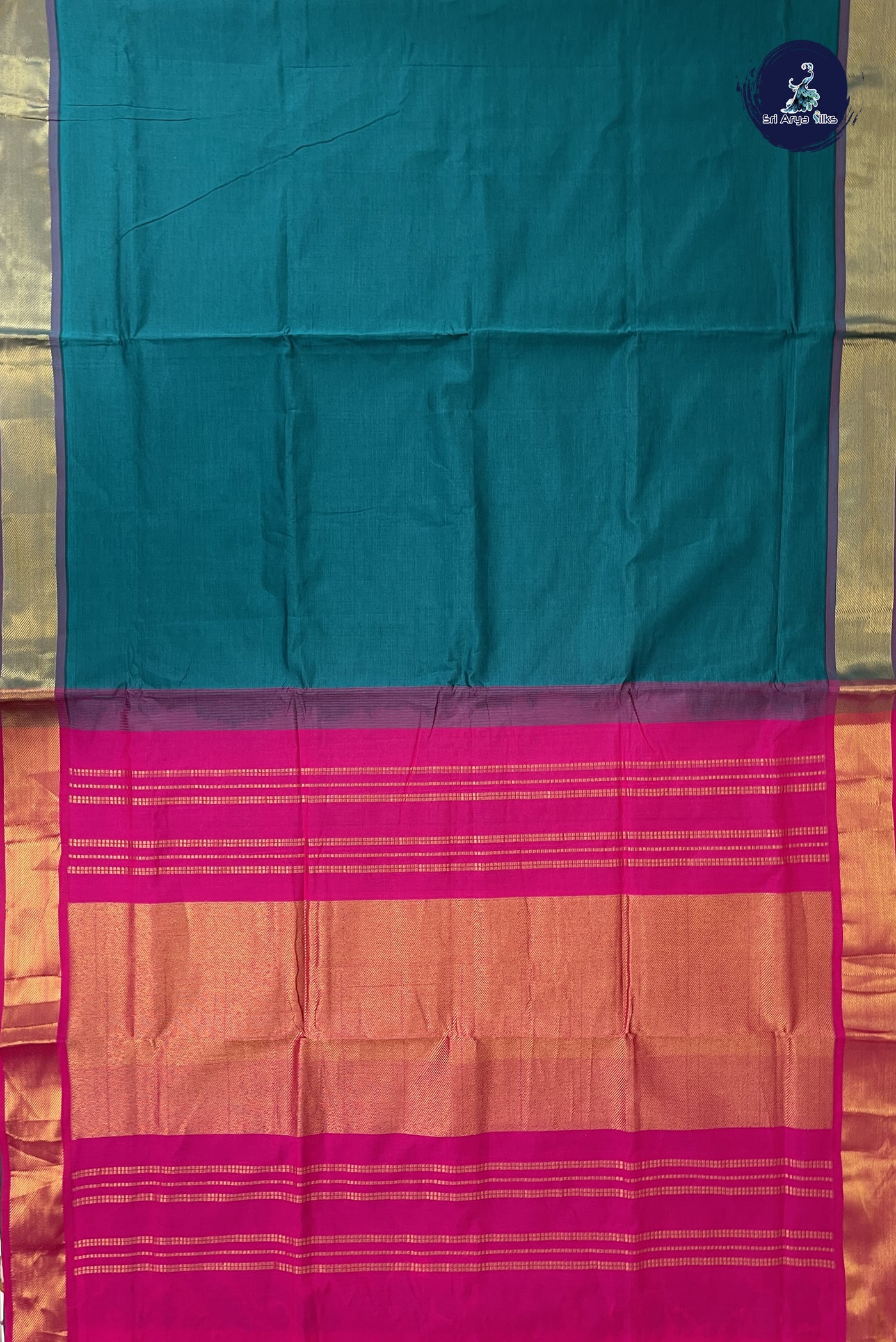 Peacock Green Madisar Semi Silk Cotton Saree With Plain Pattern