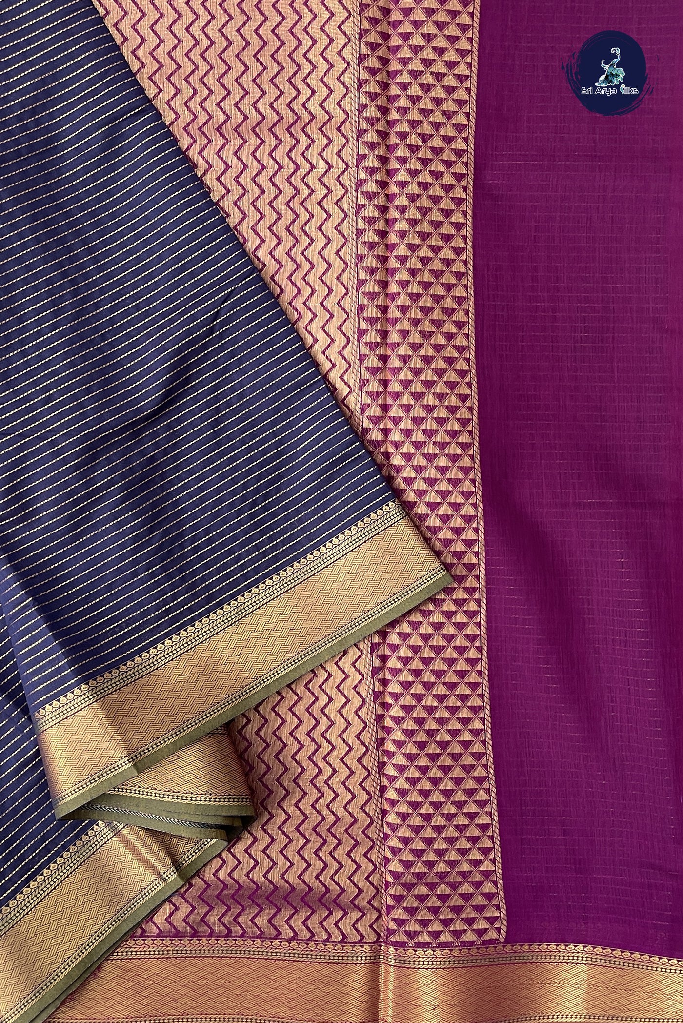 Navy Blue Madisar Semi Silk Cotton Saree With Stripes Pattern