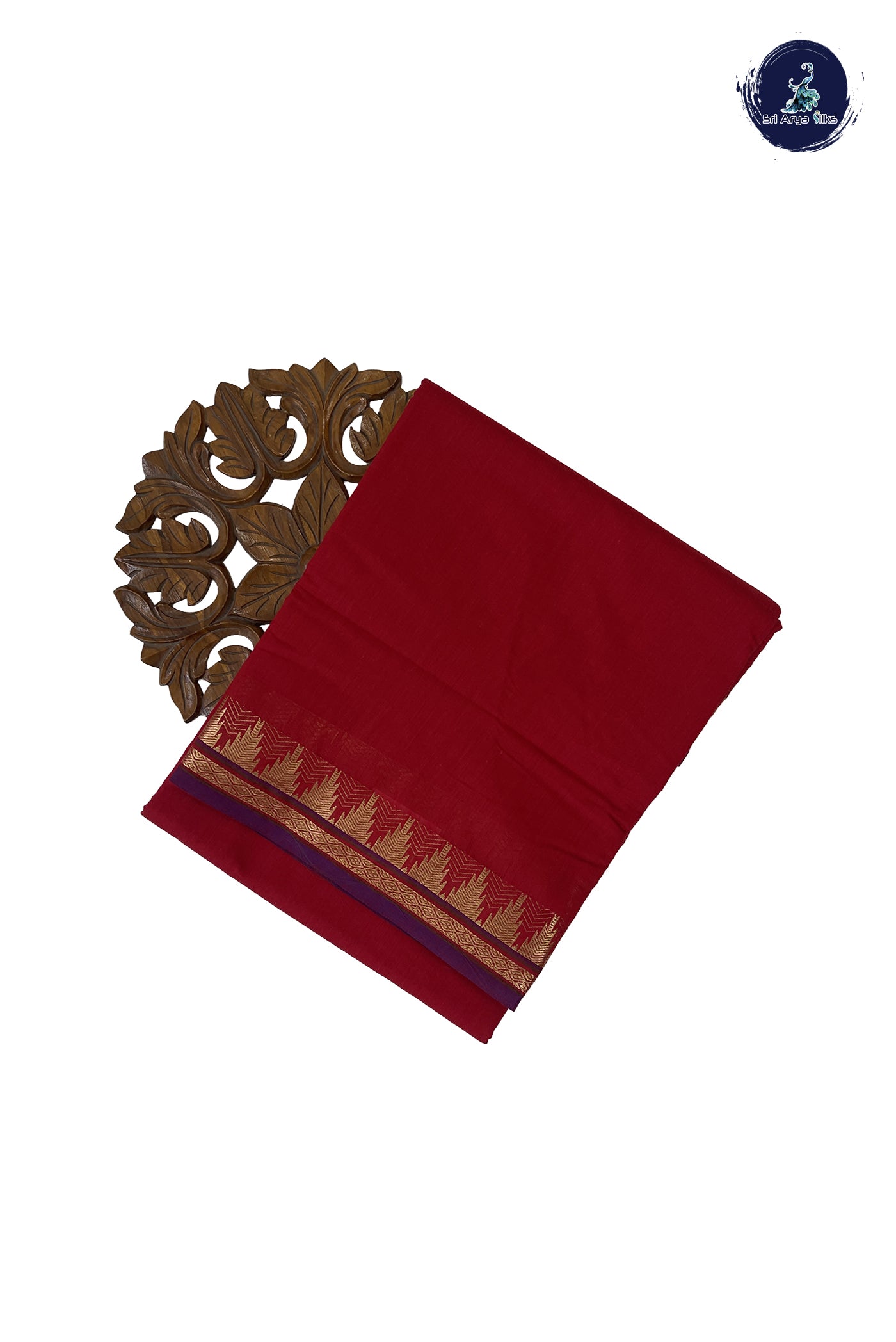 Red Madisar Semi Silk Cotton Saree With Plain Pattern