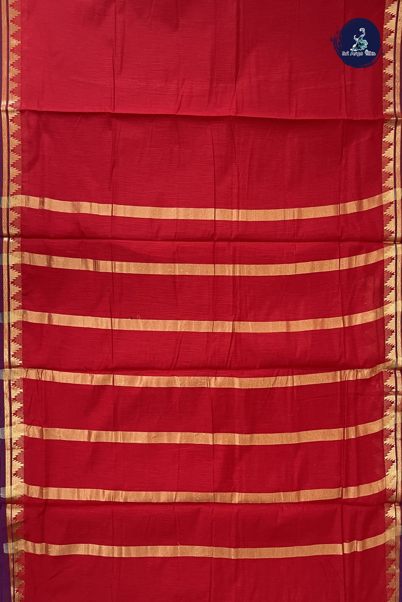 Red Madisar Semi Silk Cotton Saree With Plain Pattern