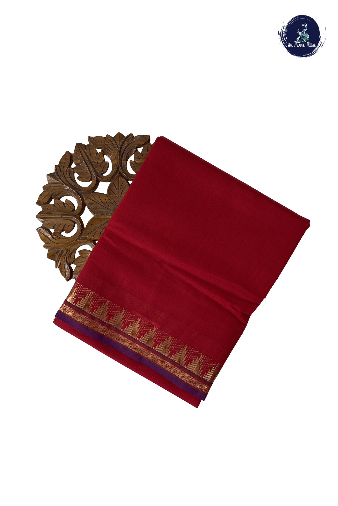 Red Madisar Semi Silk Cotton Saree With Plain Pattern