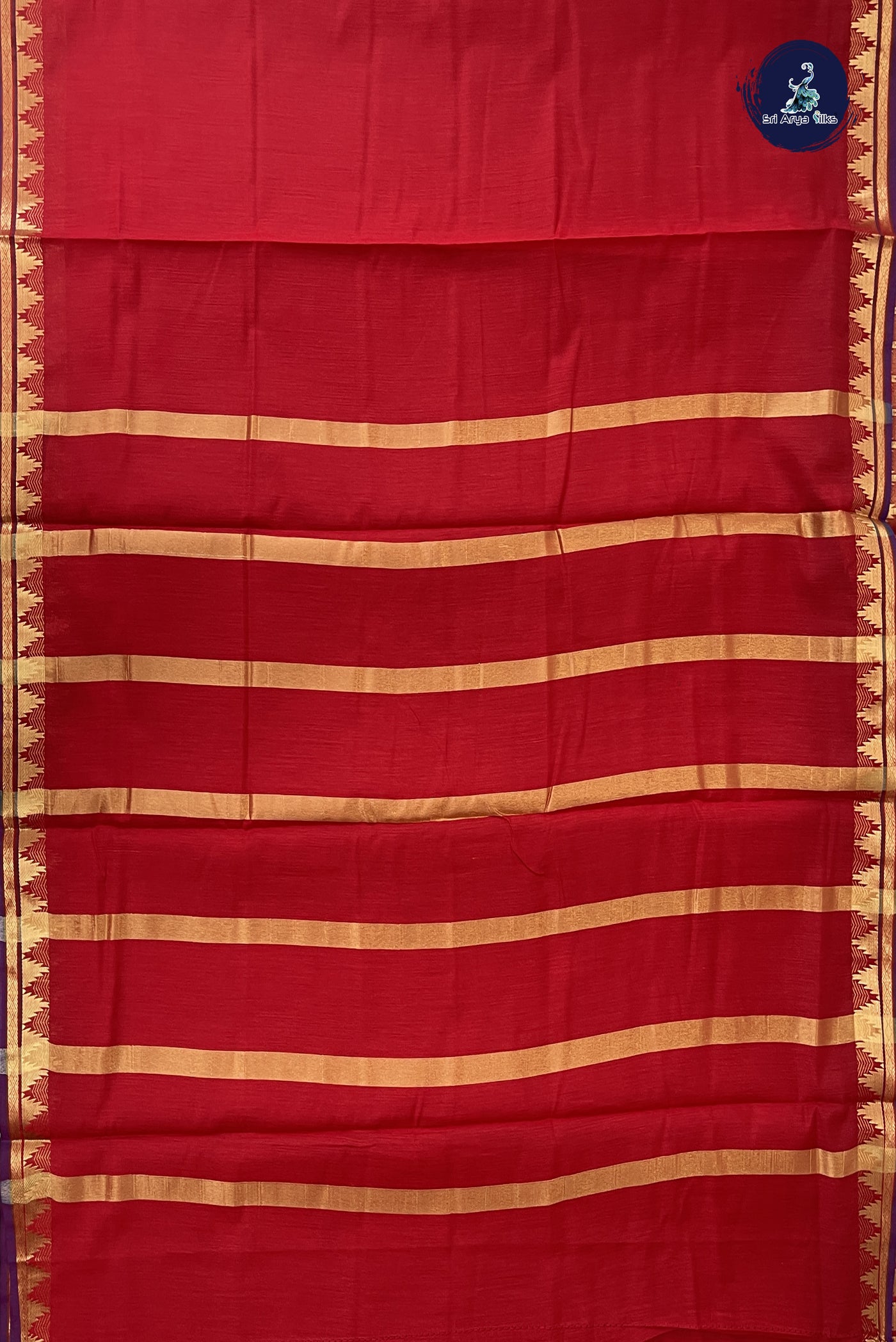 Red Madisar Semi Silk Cotton Saree With Plain Pattern