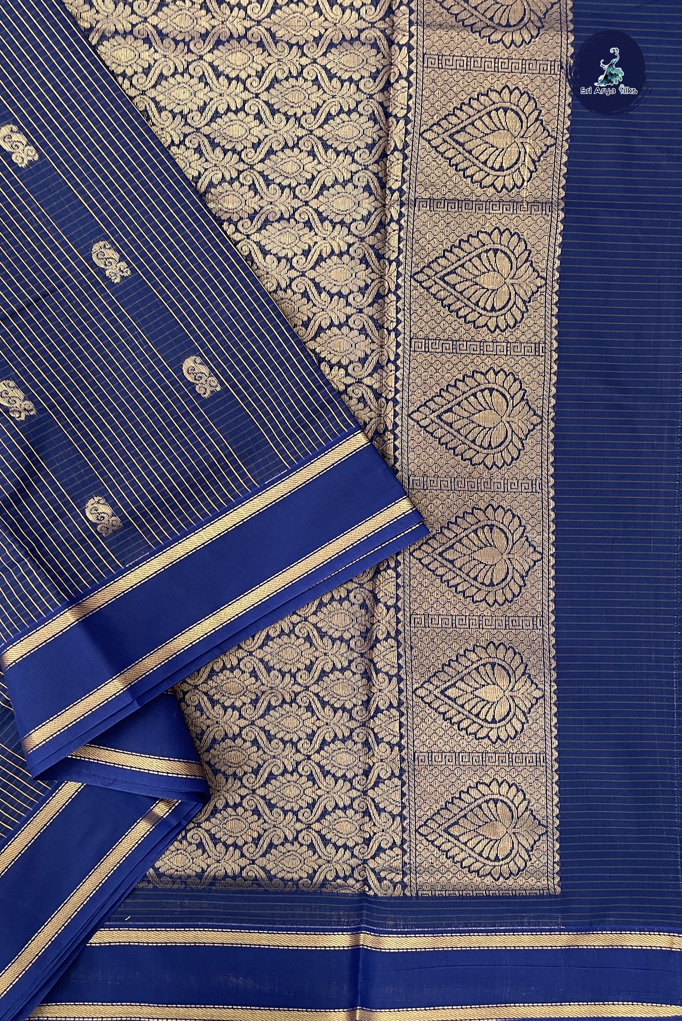 Navy Blue Madisar Semi Silk Cotton Saree With Checked Pattern