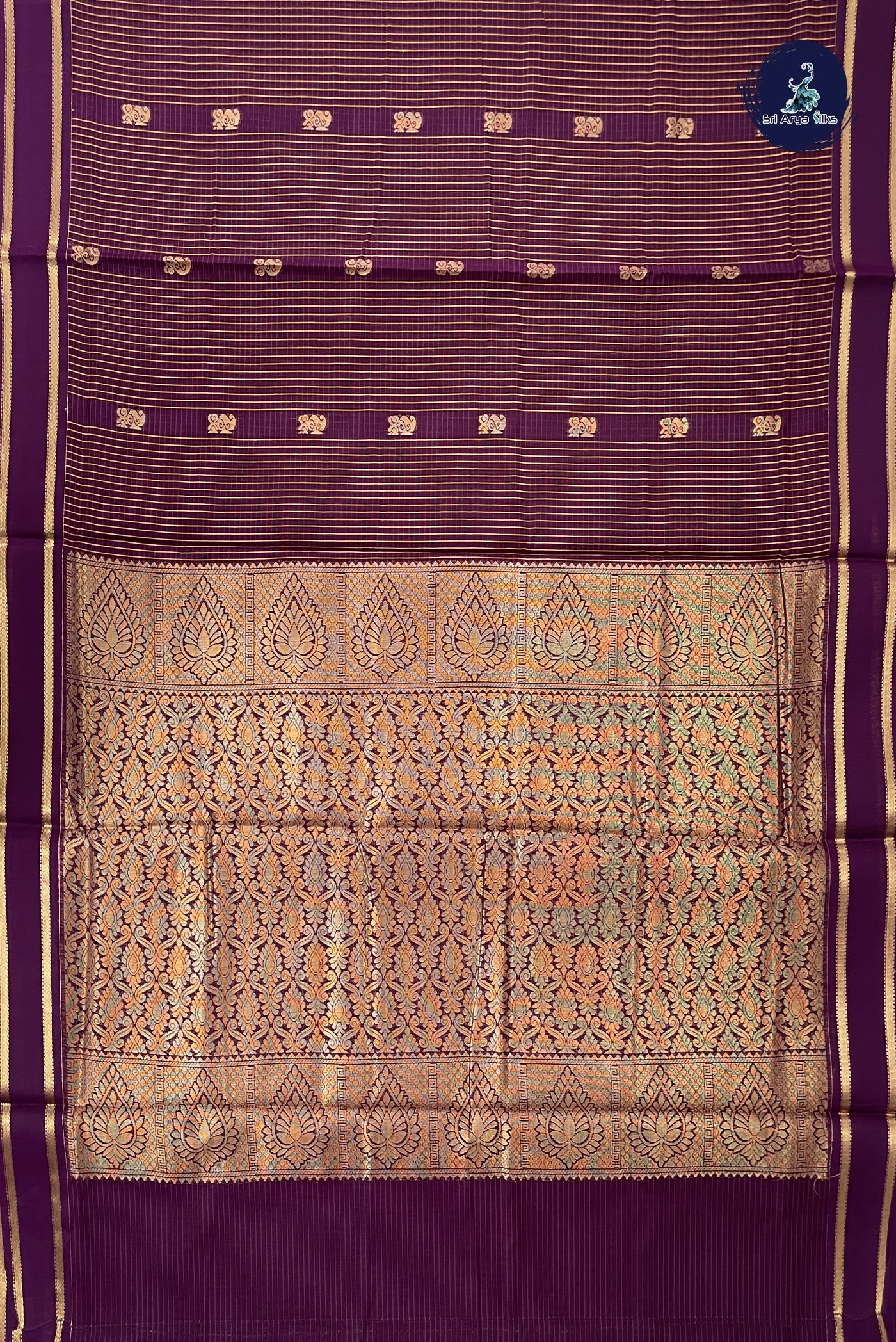 Dark Brinjal Madisar Semi Silk Cotton Saree With Checked Pattern