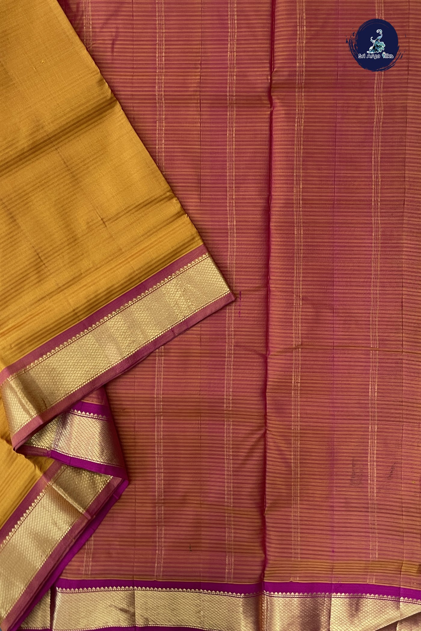 Mustard Yellow Madisar 10 Yards Silk Saree With Doria Lines Pattern