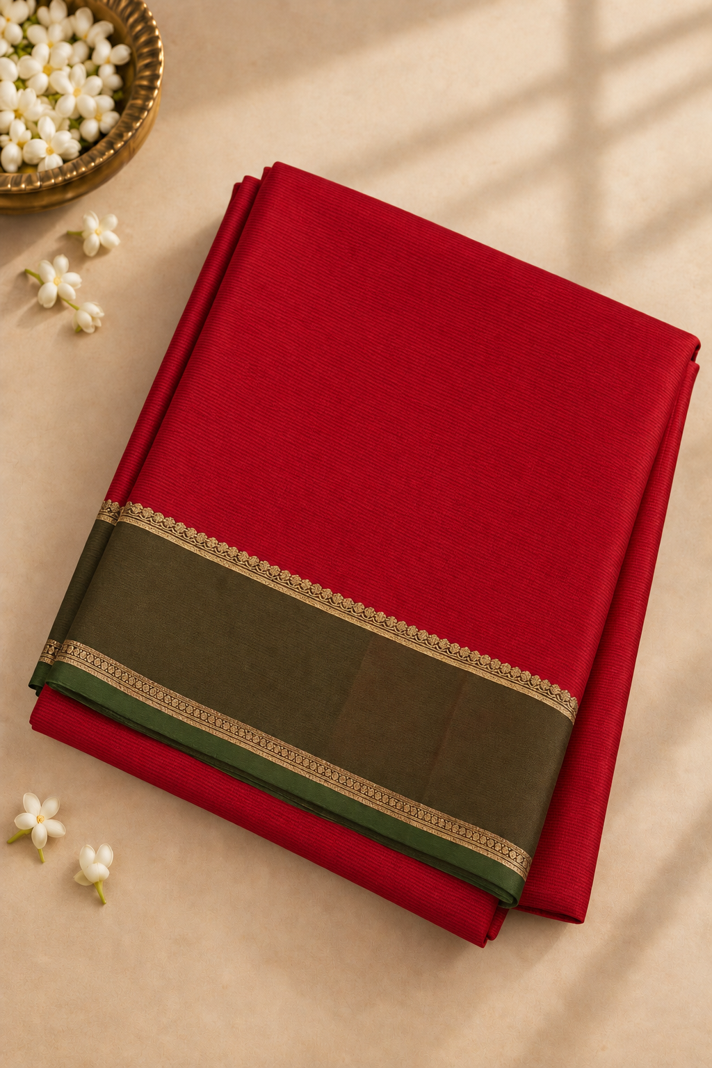 Red Madisar 10 Yards Silk Saree With Plain Pattern