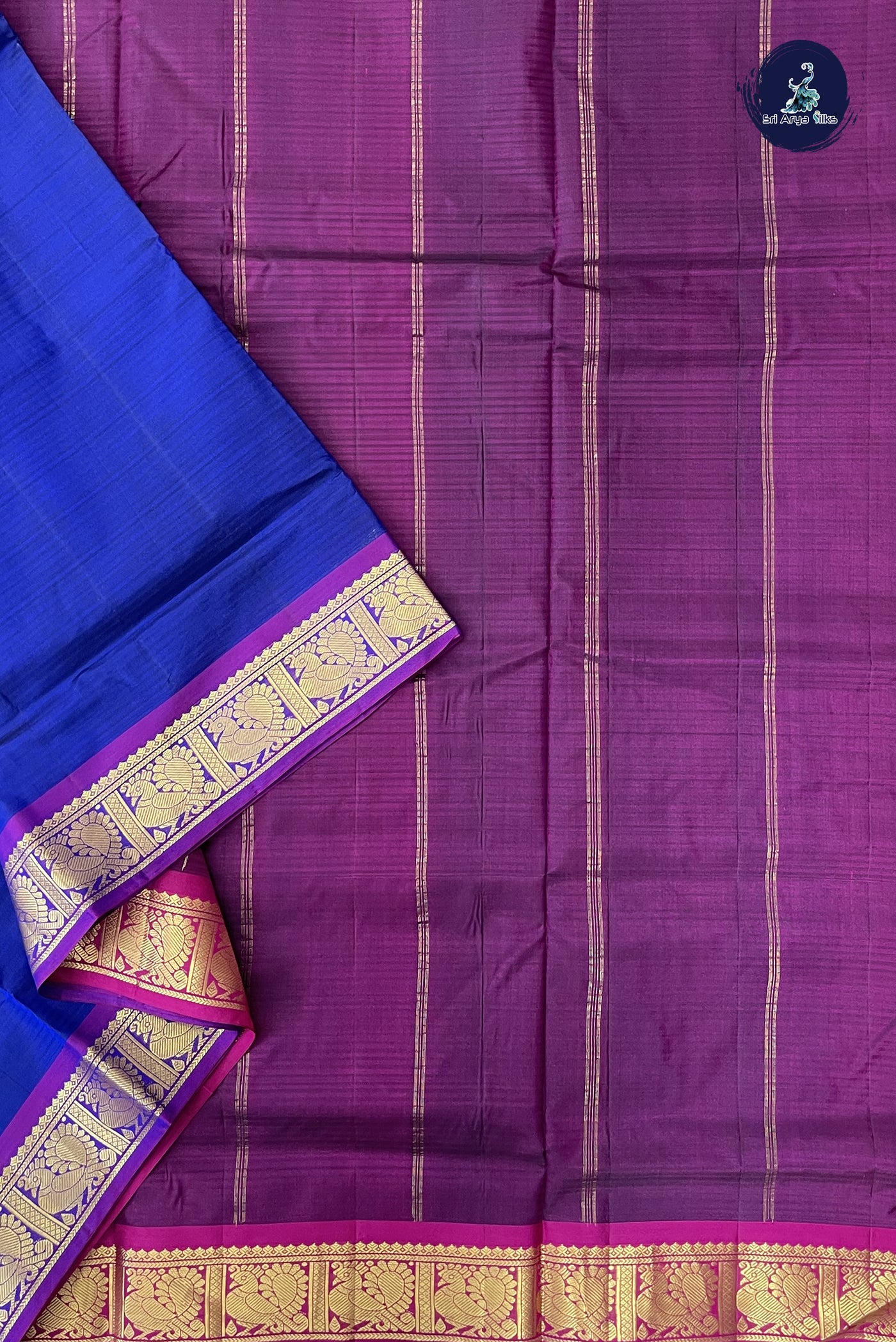 Dark Blue Madisar 10 Yards Silk Saree With Doria Lines Pattern