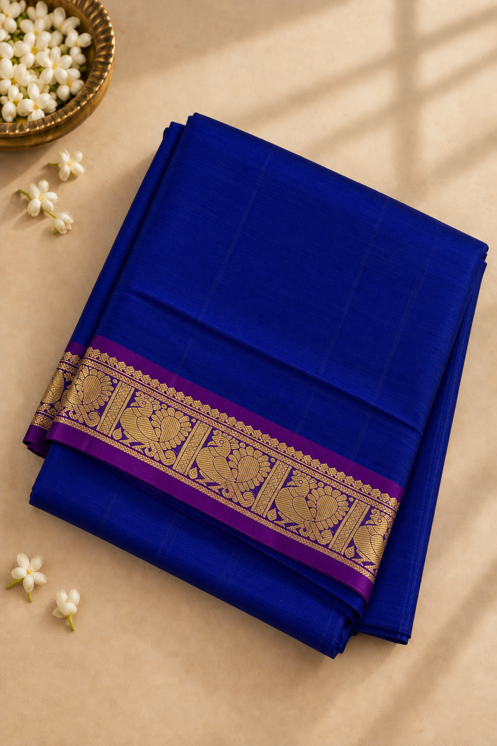 Dark Blue Madisar 10 Yards Silk Saree With Doria Lines Pattern