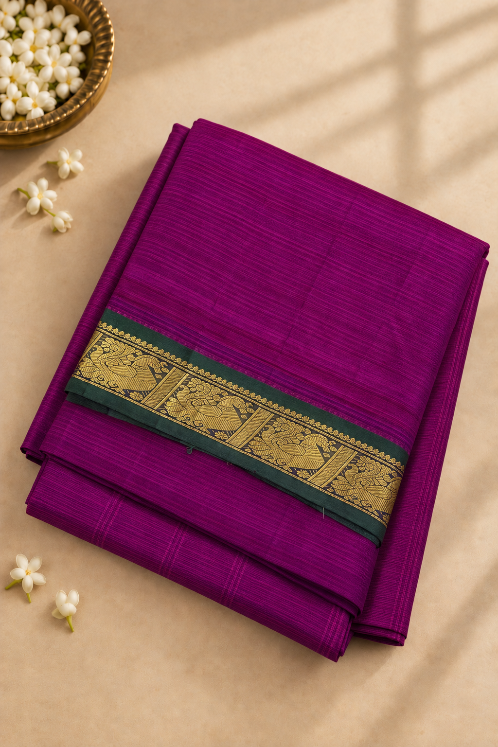 Magenta Purple Madisar 10 Yards Silk Saree With Doria Lines Pattern