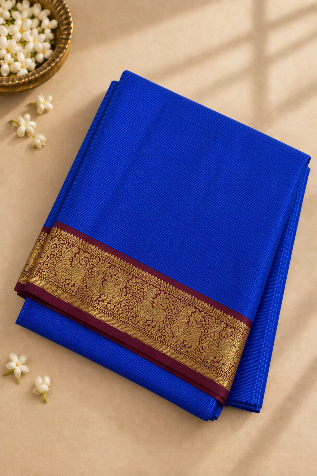 MS Blue Madisar 10 Yards Silk Saree With Vaira Oosi Pattern