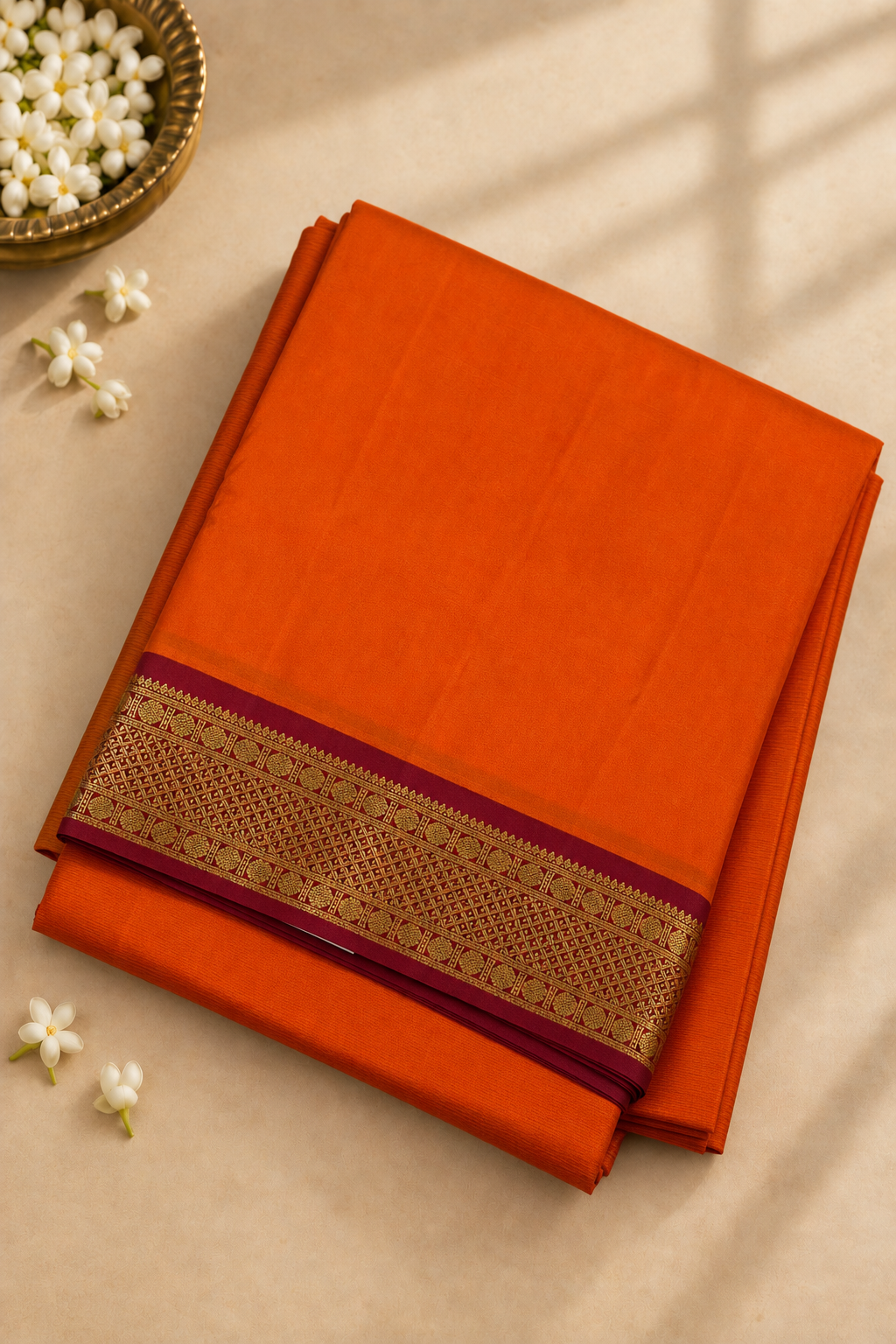 Orange Madisar 10 Yards Silk Saree With Plain Pattern