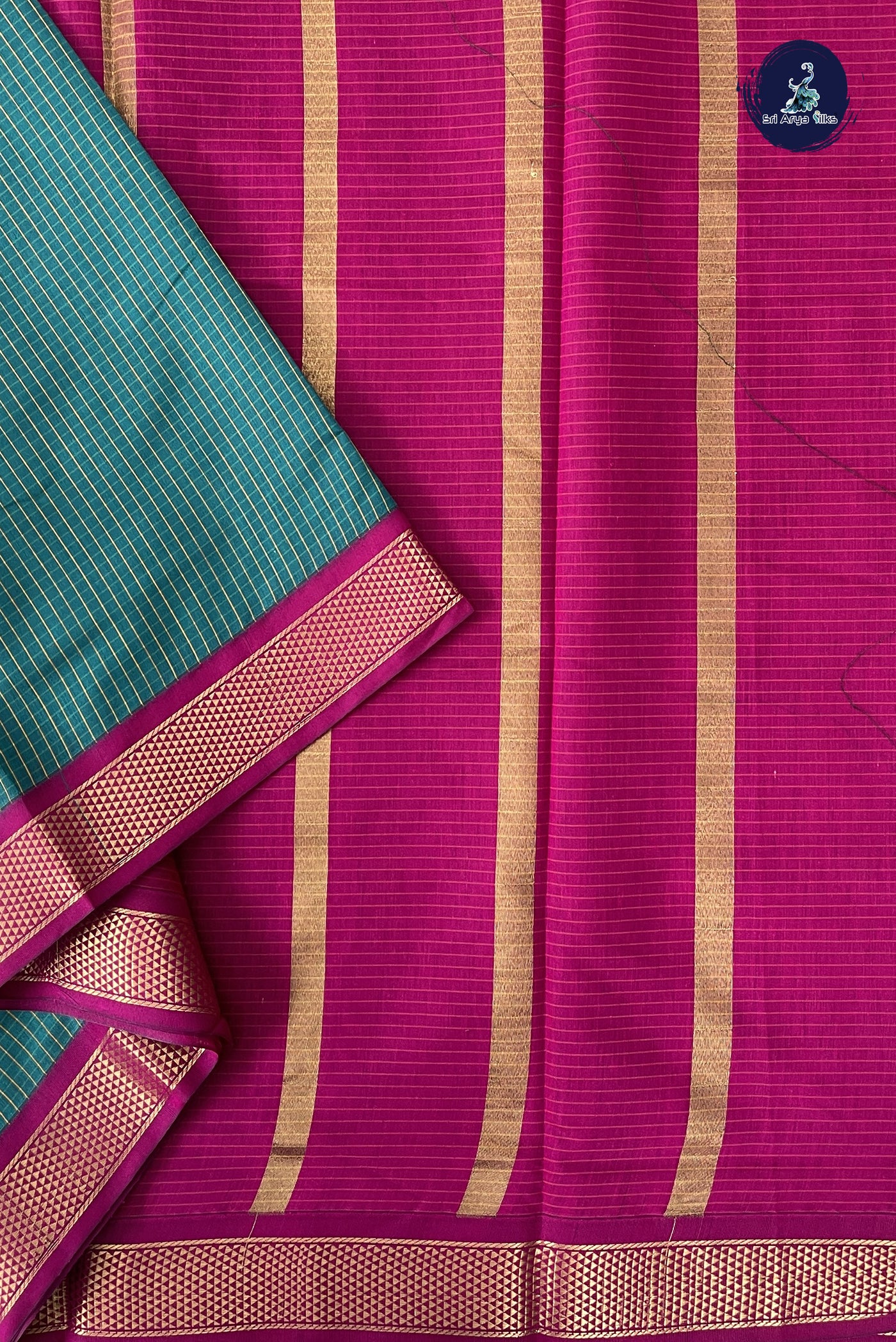Sapphire Green Madisar Semi Silk Cotton Saree With Checked Pattern
