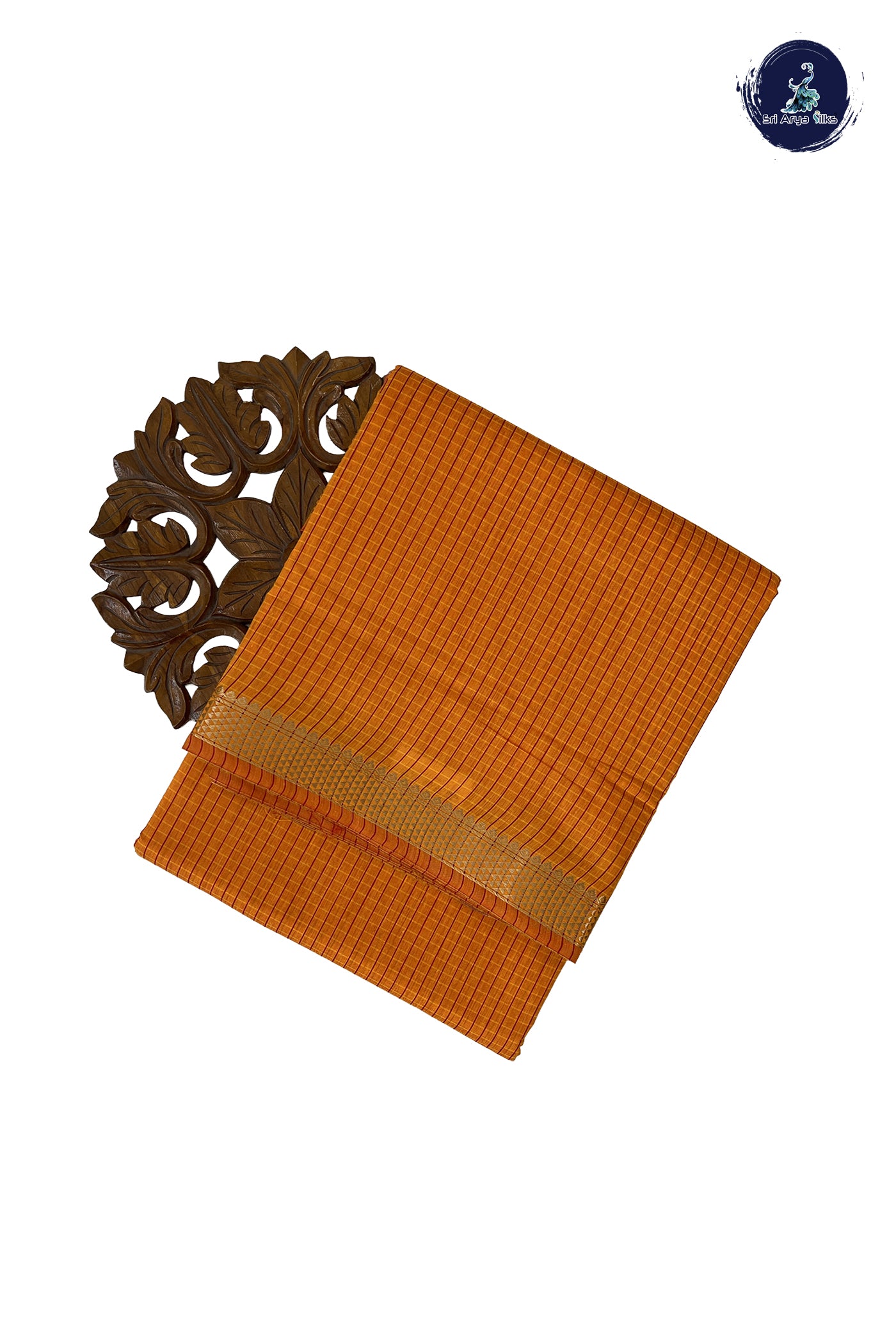 Yellowish Orange Madisar Semi Silk Cotton Saree With Checked Pattern