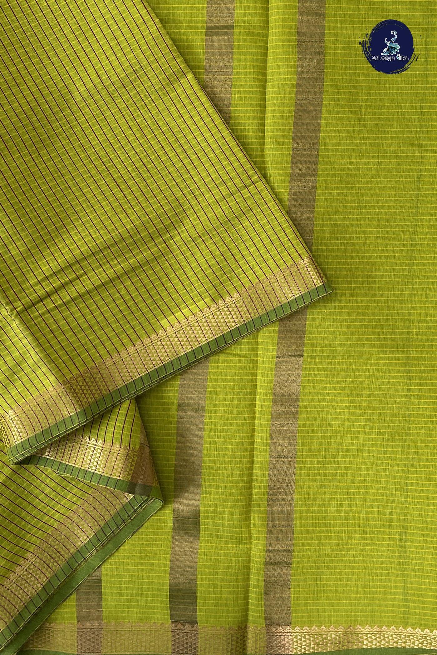 Lime Green Madisar Semi Silk Cotton Saree With Checked Pattern