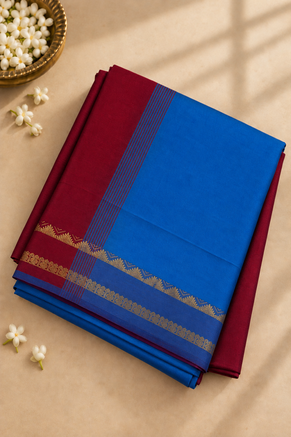 Copper Sulphate Blue Madisar Half pure Silk Cotton Saree With Plain Pattern