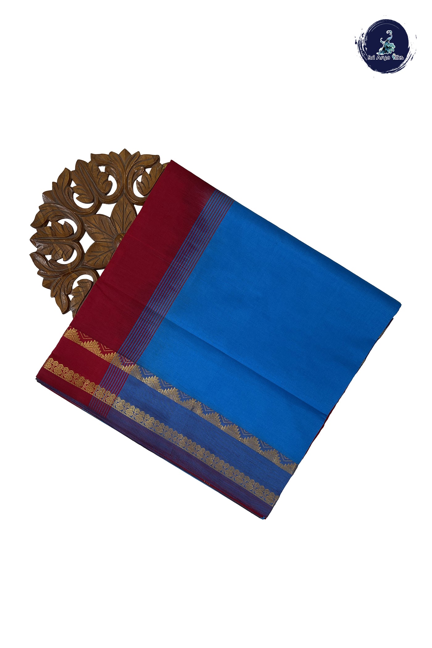 Copper Sulphate Blue Madisar Semi Silk Cotton Saree With Plain Pattern
