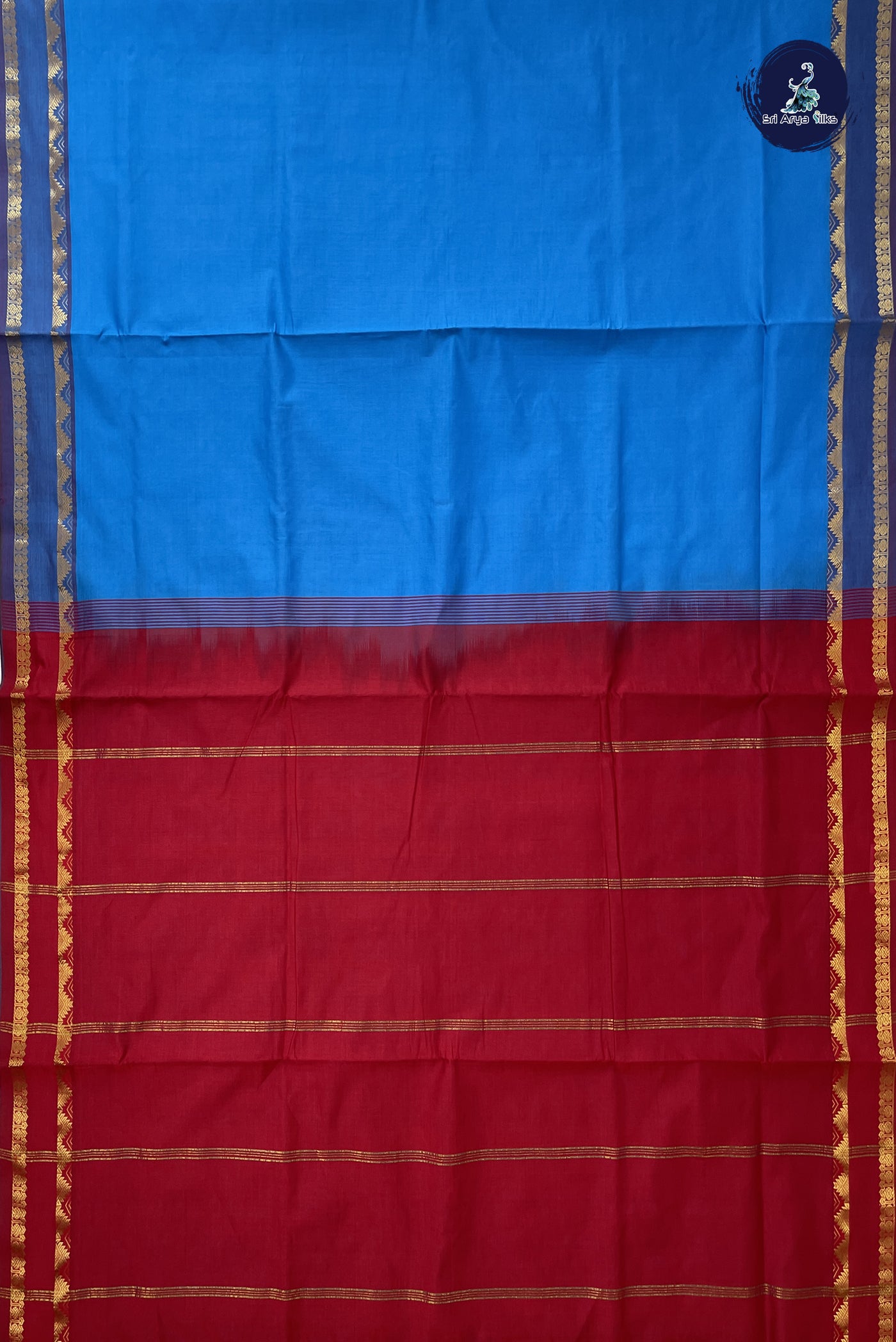 Copper Sulphate Blue Madisar Semi Silk Cotton Saree With Plain Pattern