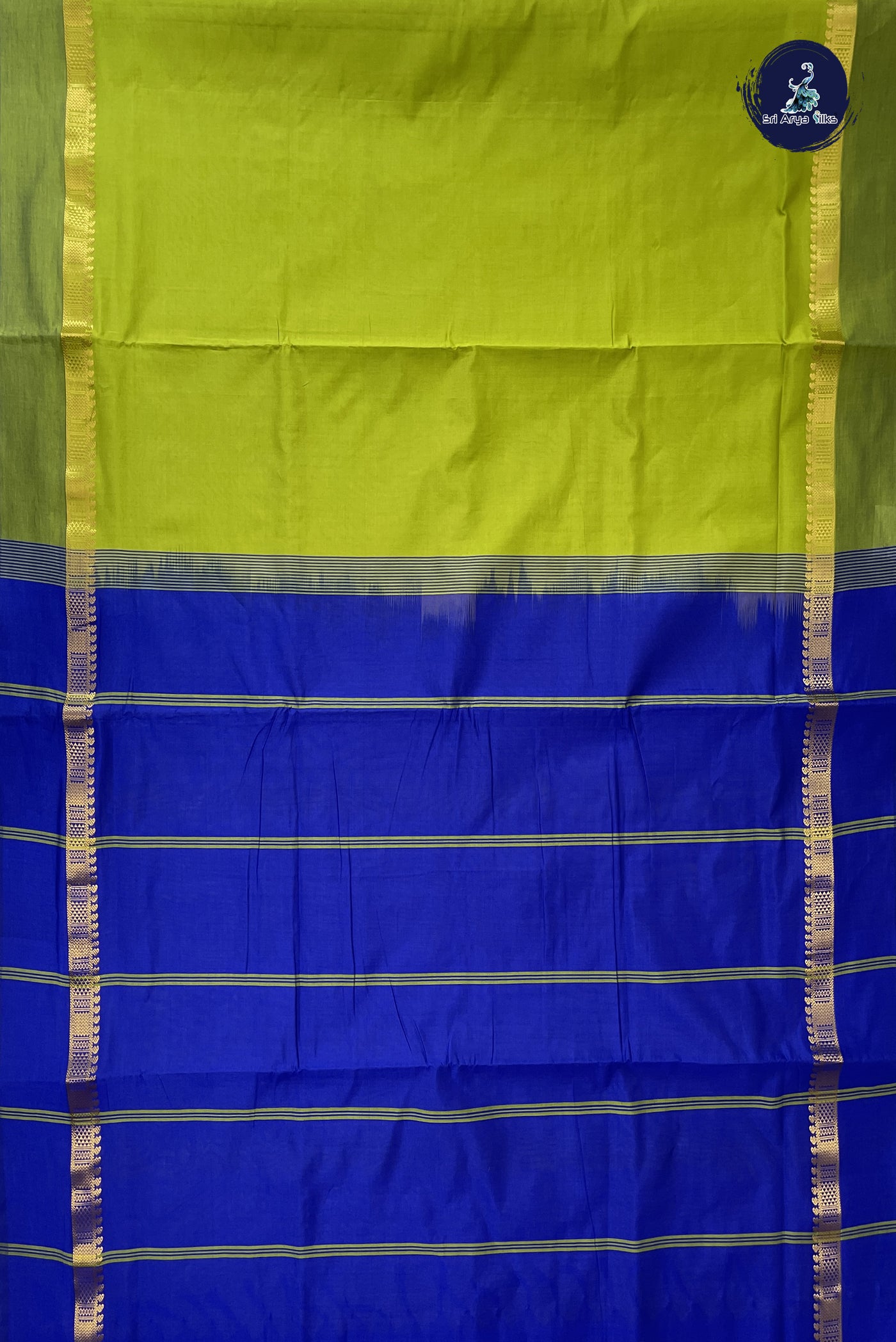 Lime Green Madisar Semi Silk Cotton Saree With Plain Pattern