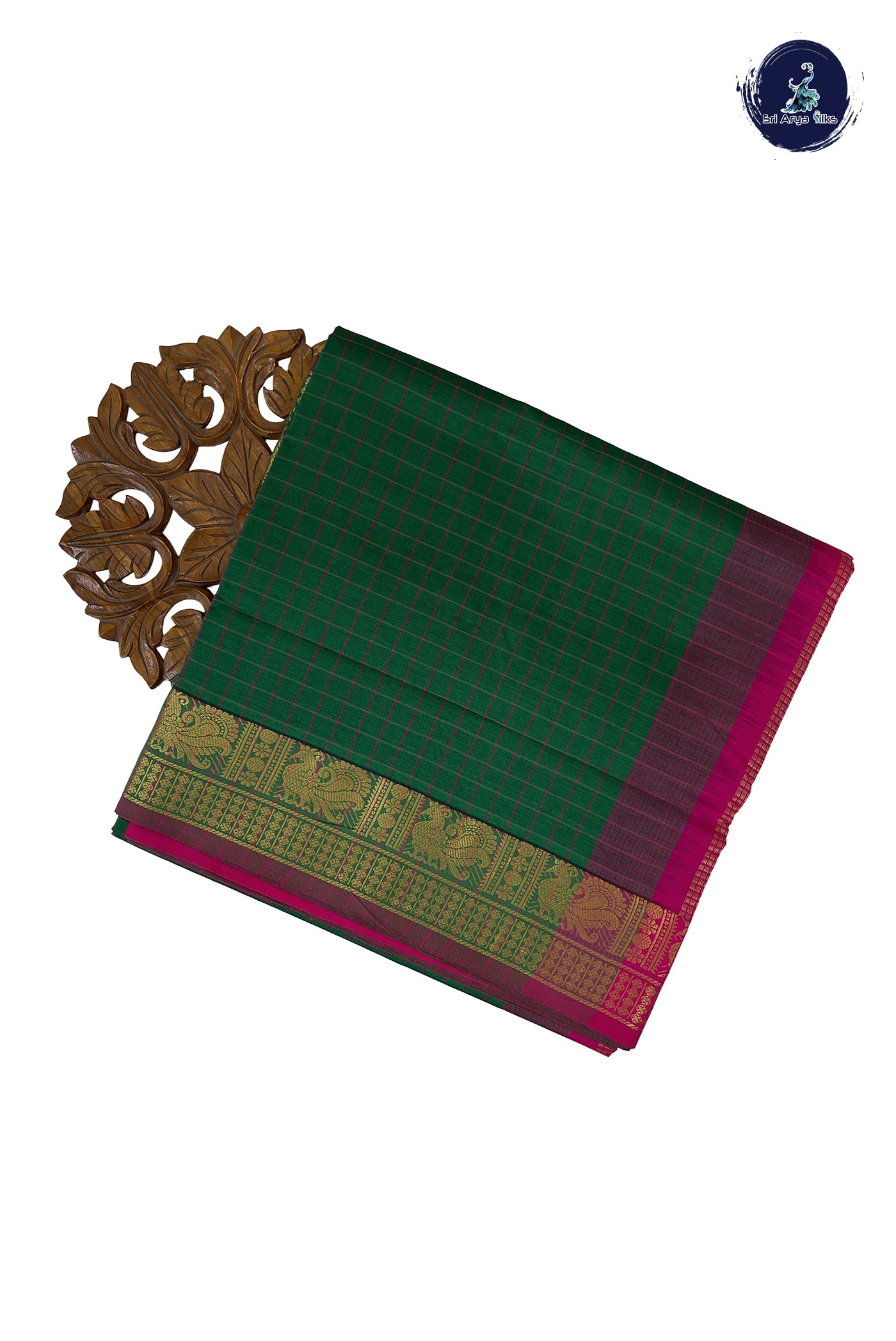 Dark Green Madisar Semi Silk Cotton Saree With Checked Pattern