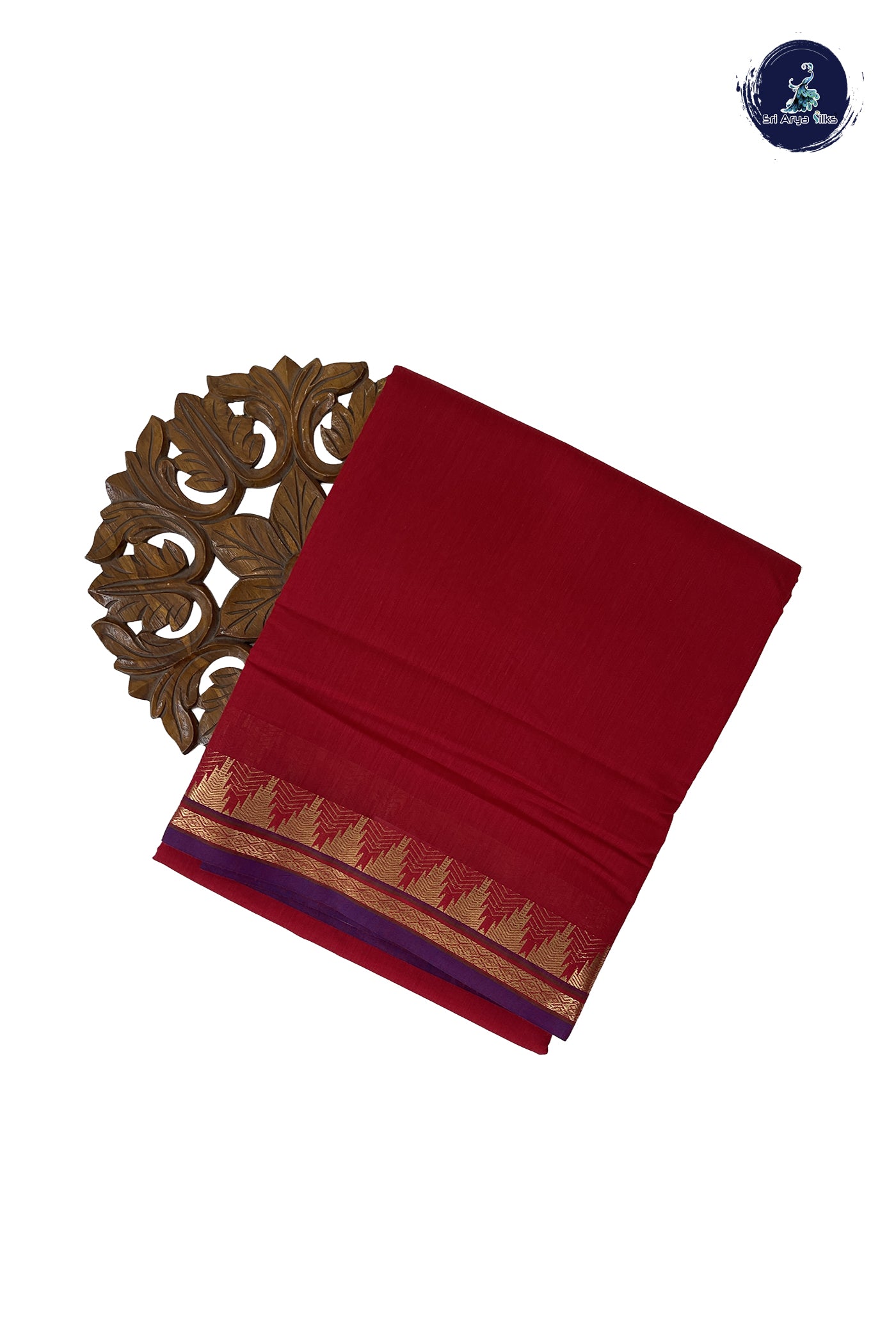 Red Madisar Semi Silk Cotton Saree With Plain Pattern