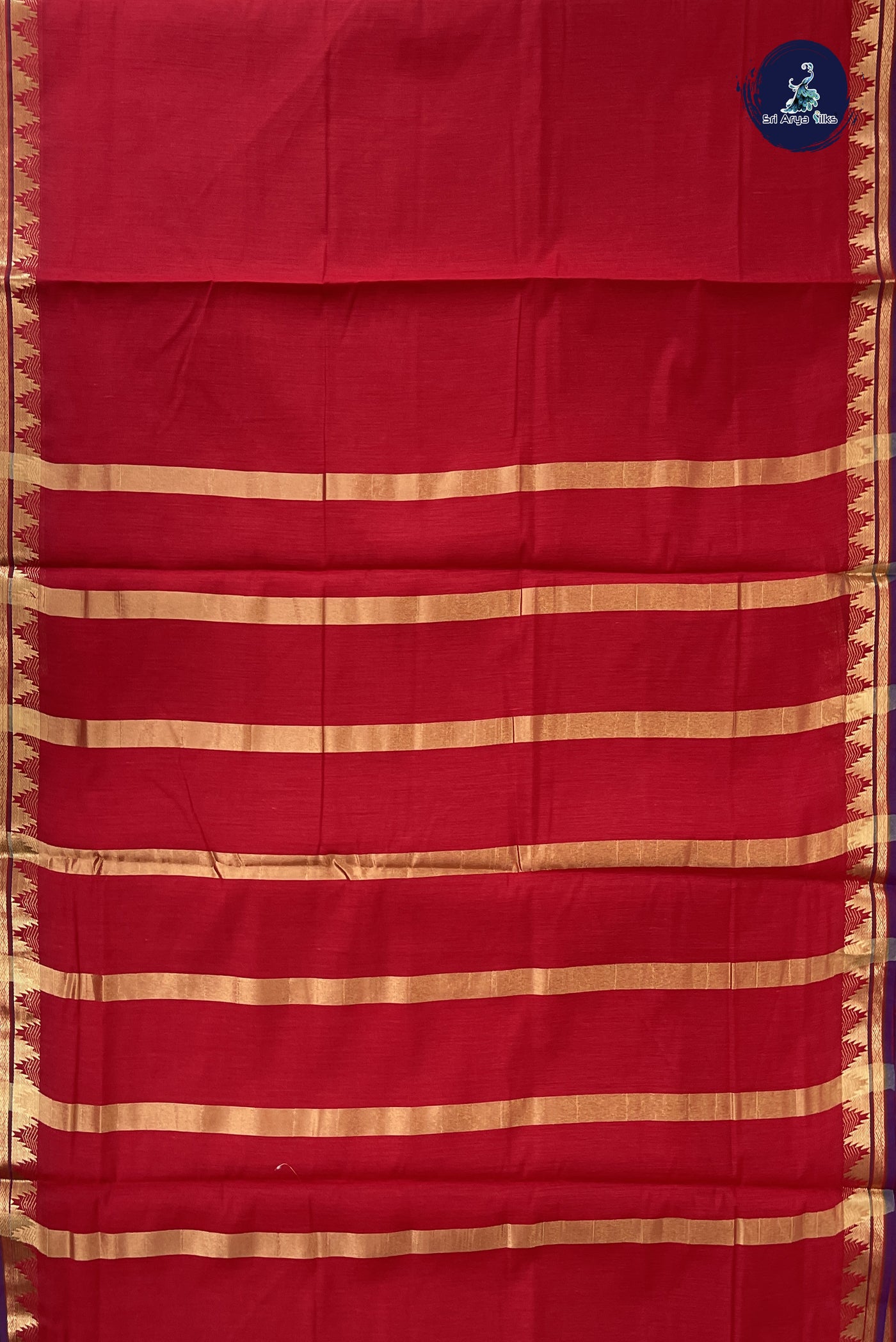 Red Madisar Semi Silk Cotton Saree With Plain Pattern
