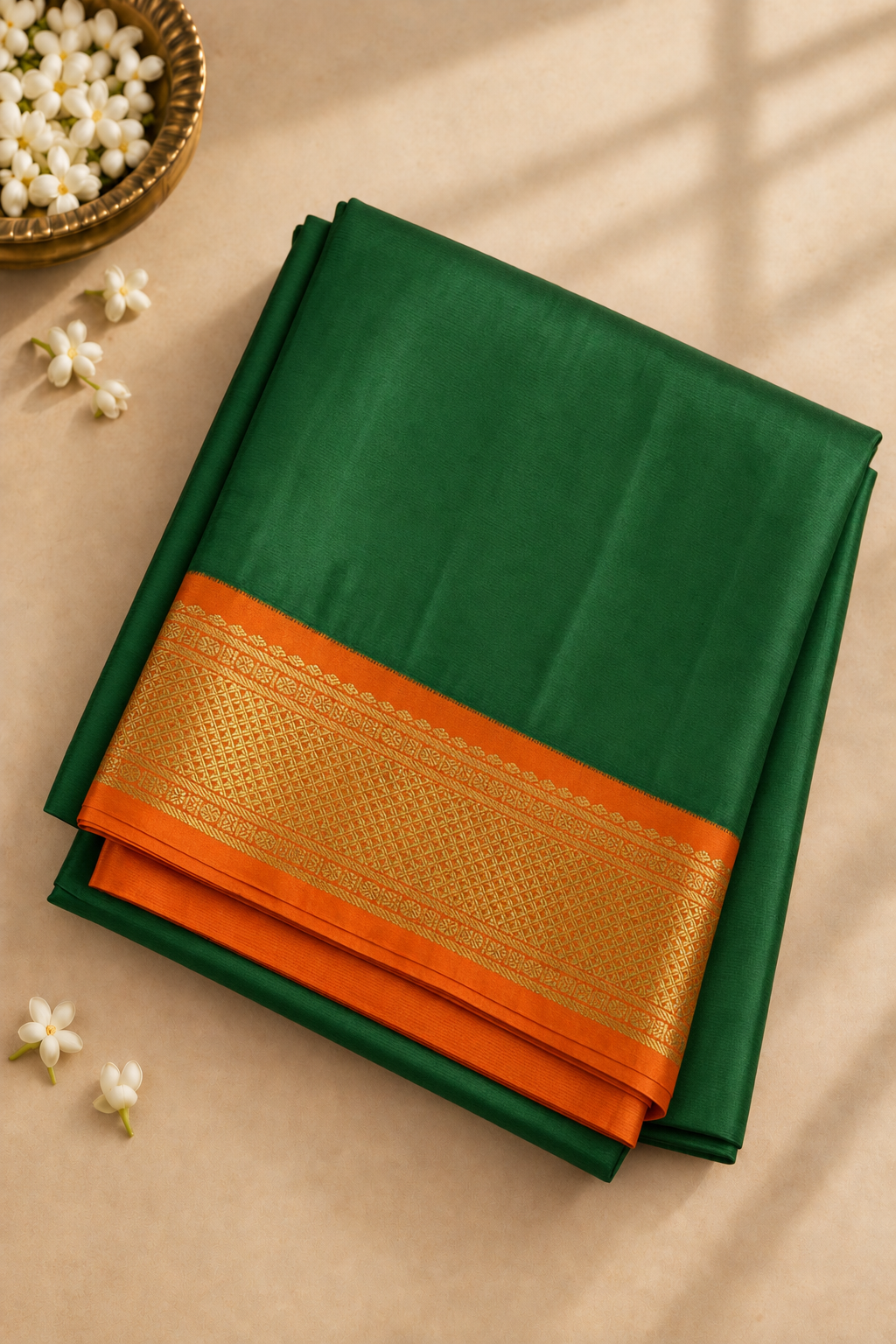 Green Madisar 10 Yards Silk Saree With Plain Pattern
