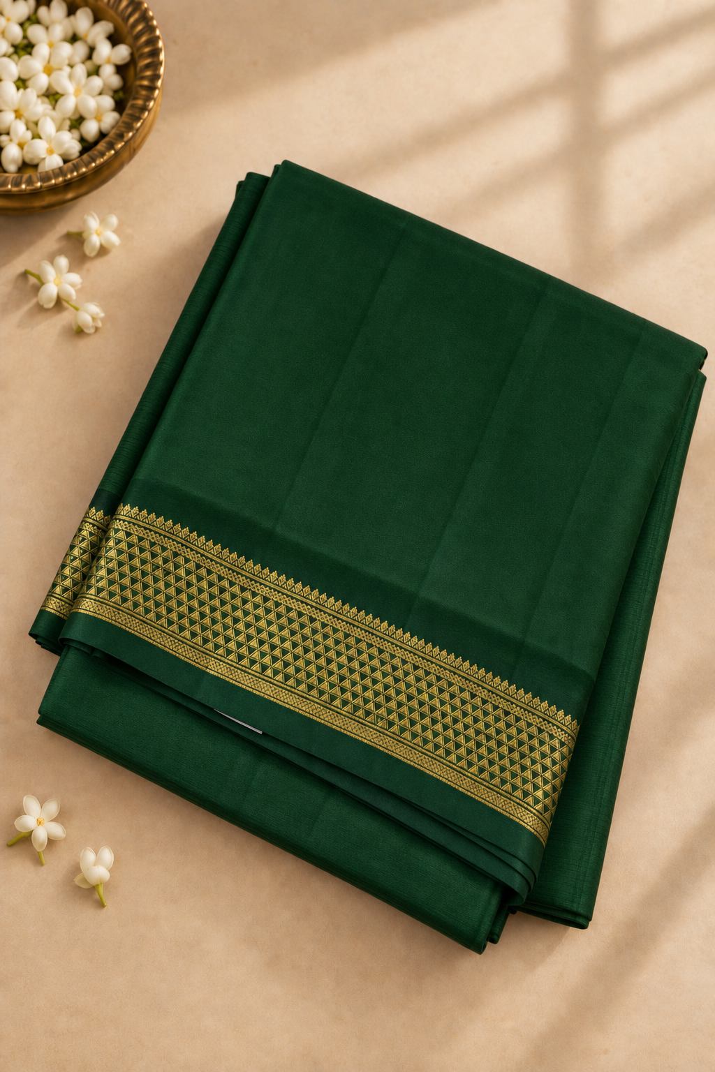 Dark Green Madisar 10 Yards Silk Saree With Plain Pattern