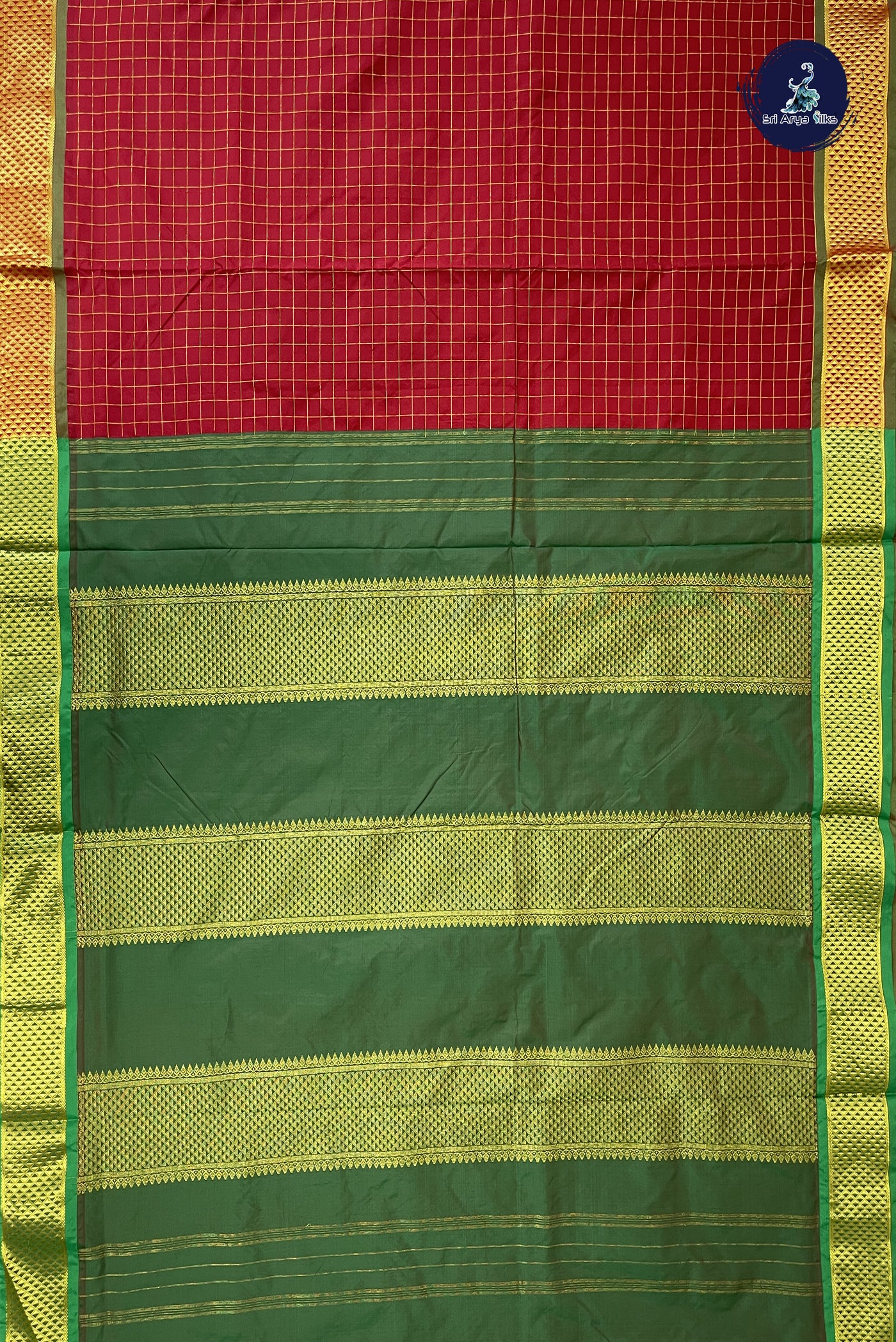 Red 10 Yards Semi Silk With Checked Pattern