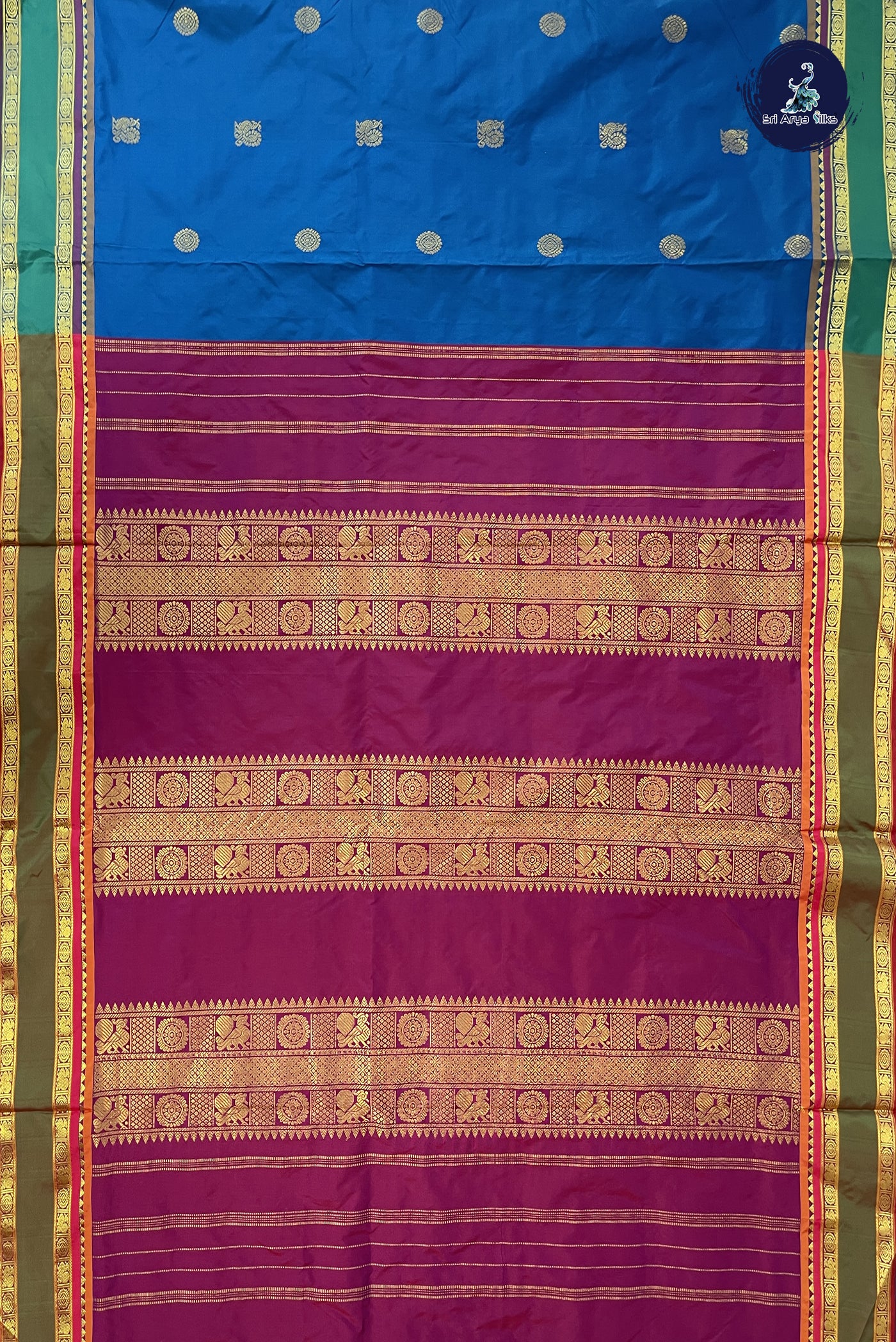 Peacock Blue 10 Yards Semi Silk With Zari Buttas Pattern