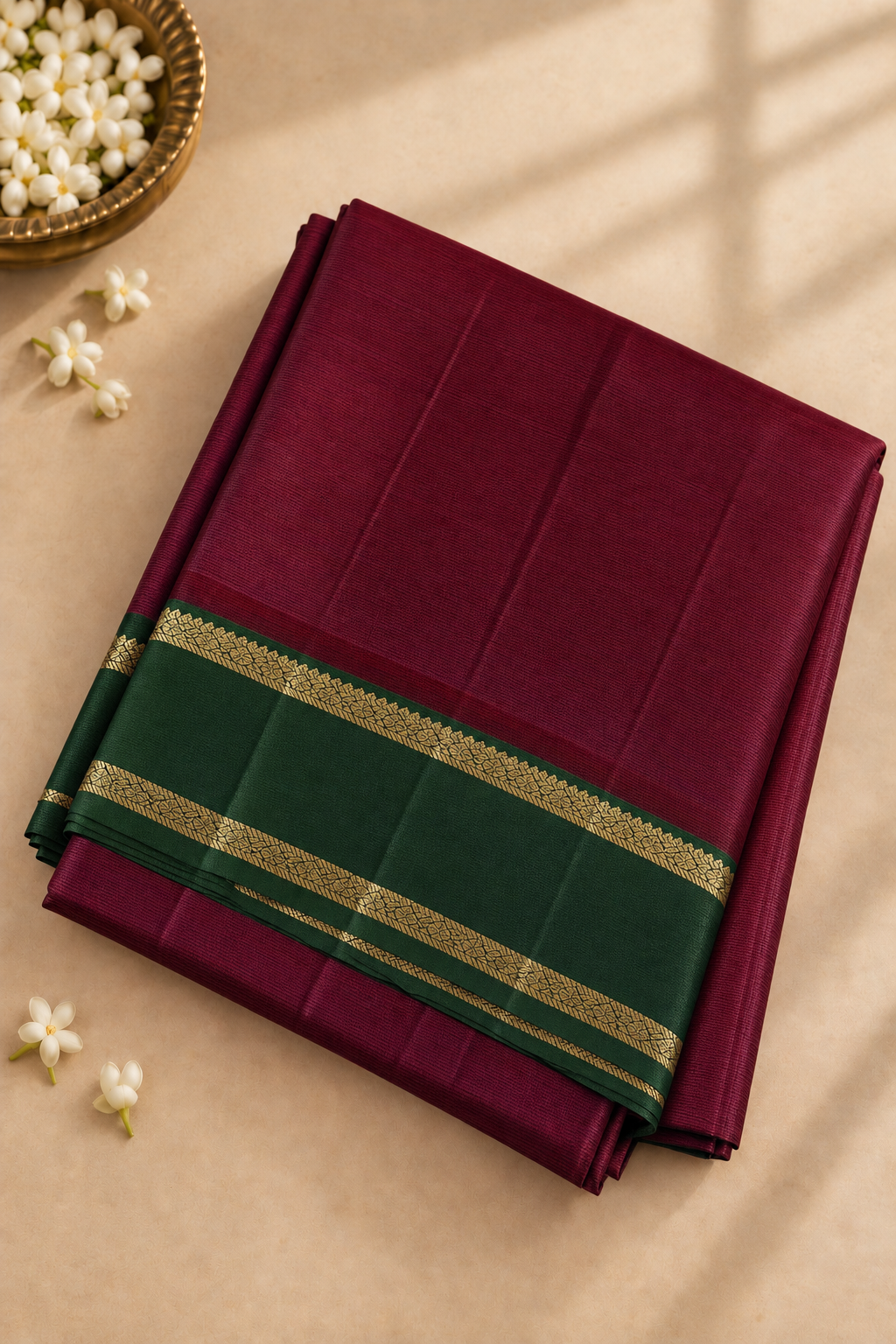 Dual Tone Maroon Madisar 10 Yards Silk Saree With Plain Pattern