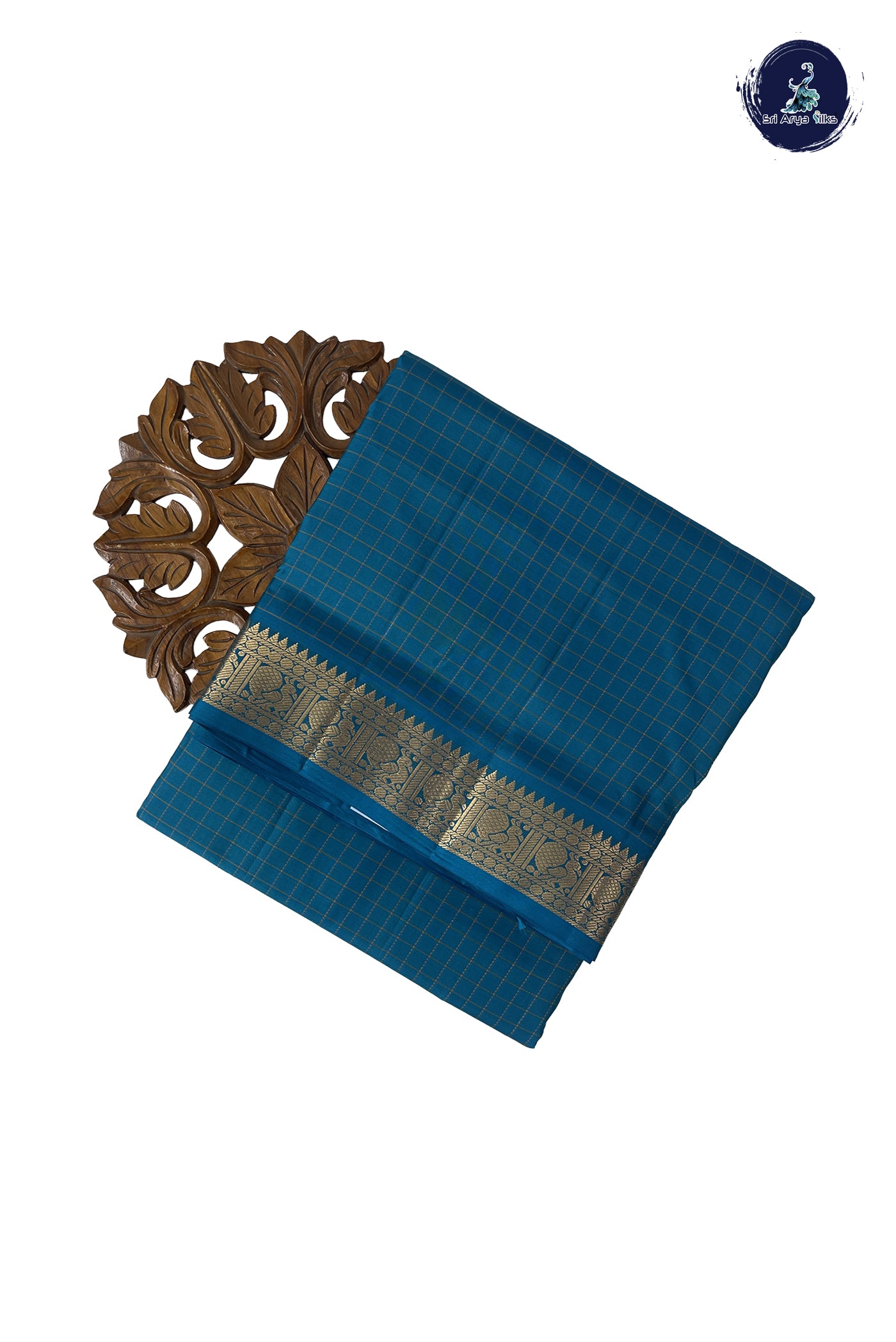Teal Madisar 10 Yards Silk Saree With Checked Pattern