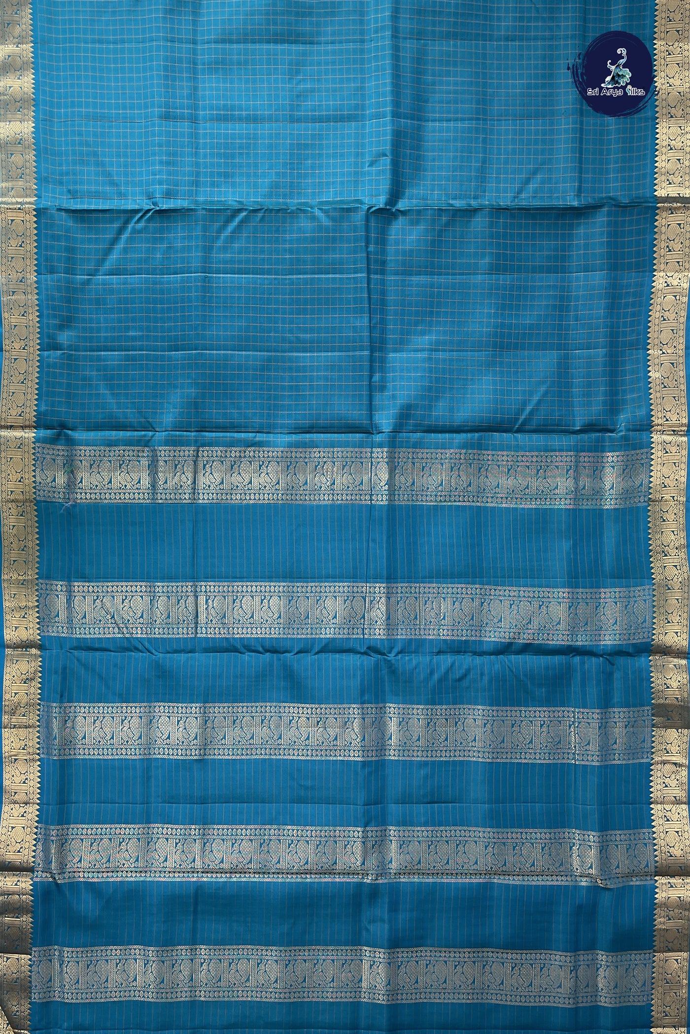 Teal Madisar 10 Yards Silk Saree With Checked Pattern