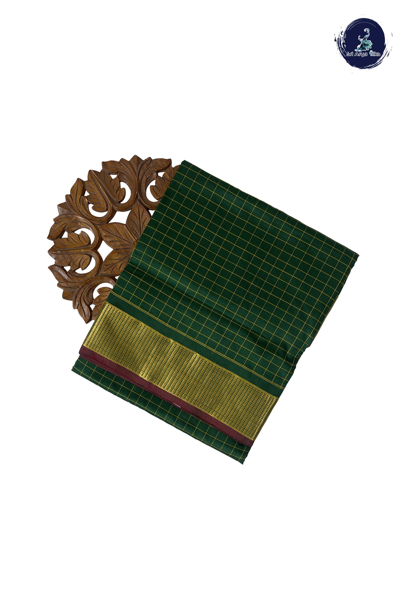Dark Green Madisar 10 Yards Silk Saree With Checked Pattern