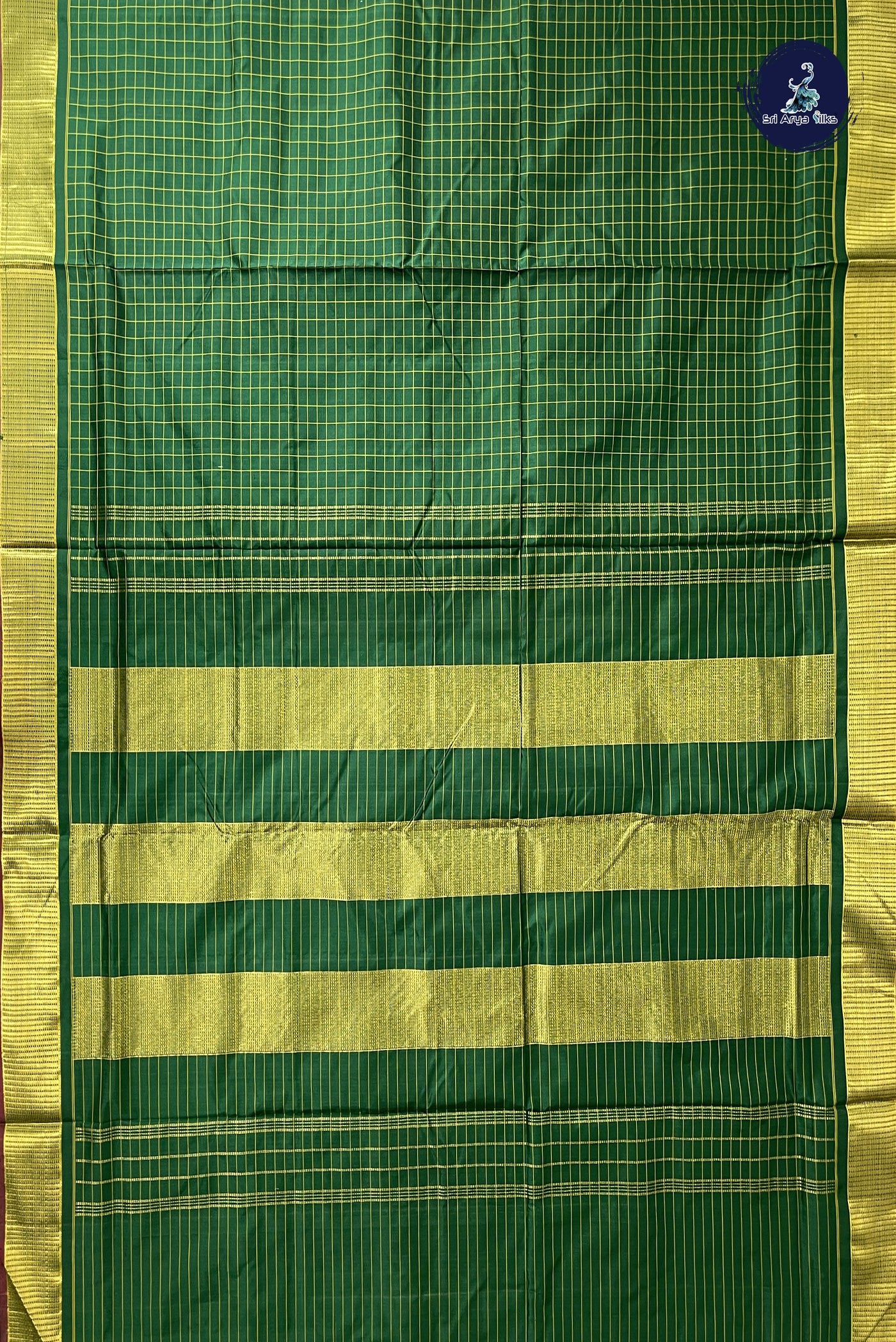 Dark Green Madisar 10 Yards Silk Saree With Checked Pattern