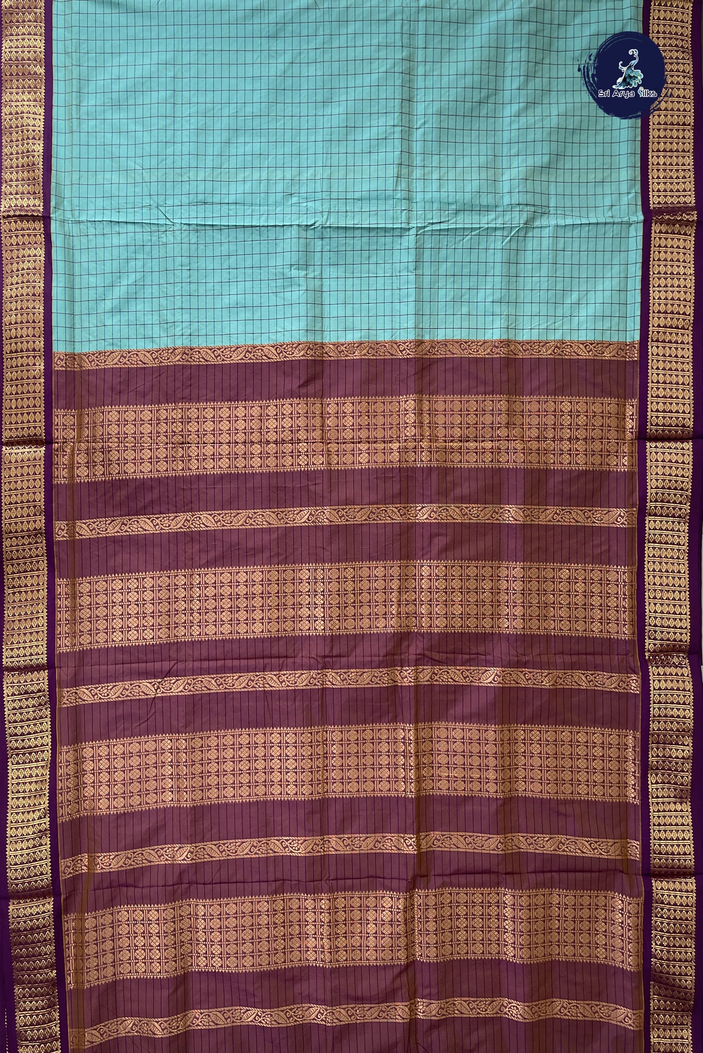 Light Blue 10 Yards Semi Silk With Checked Pattern