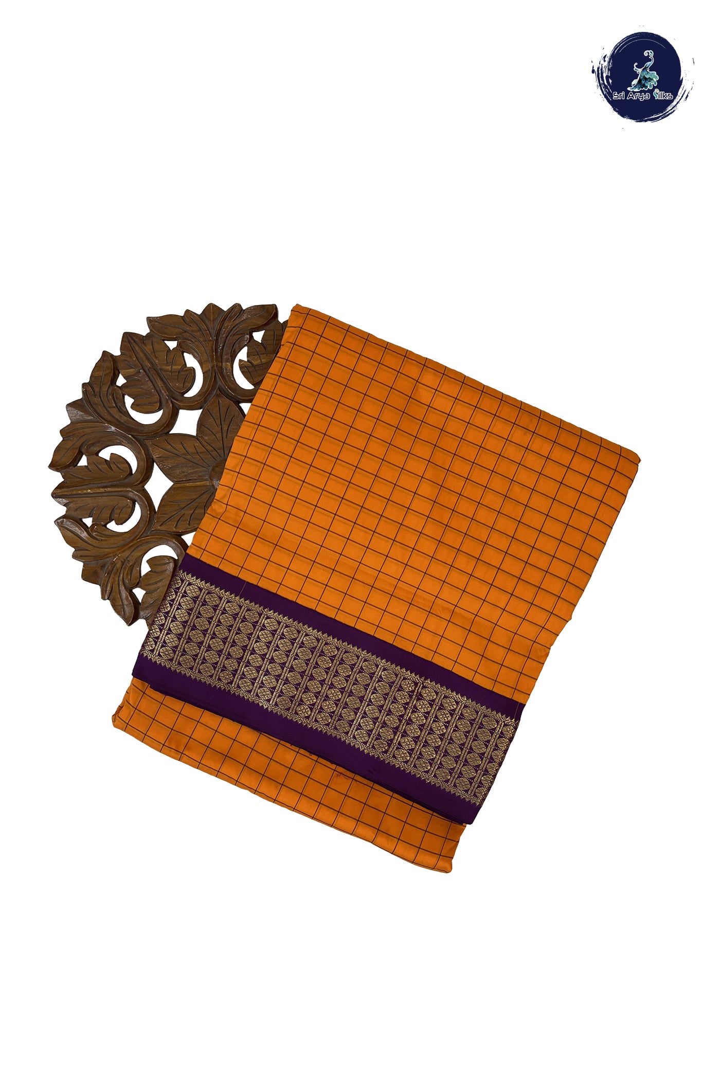 Yellowish Orange 10 Yards Semi Silk With Checked Pattern