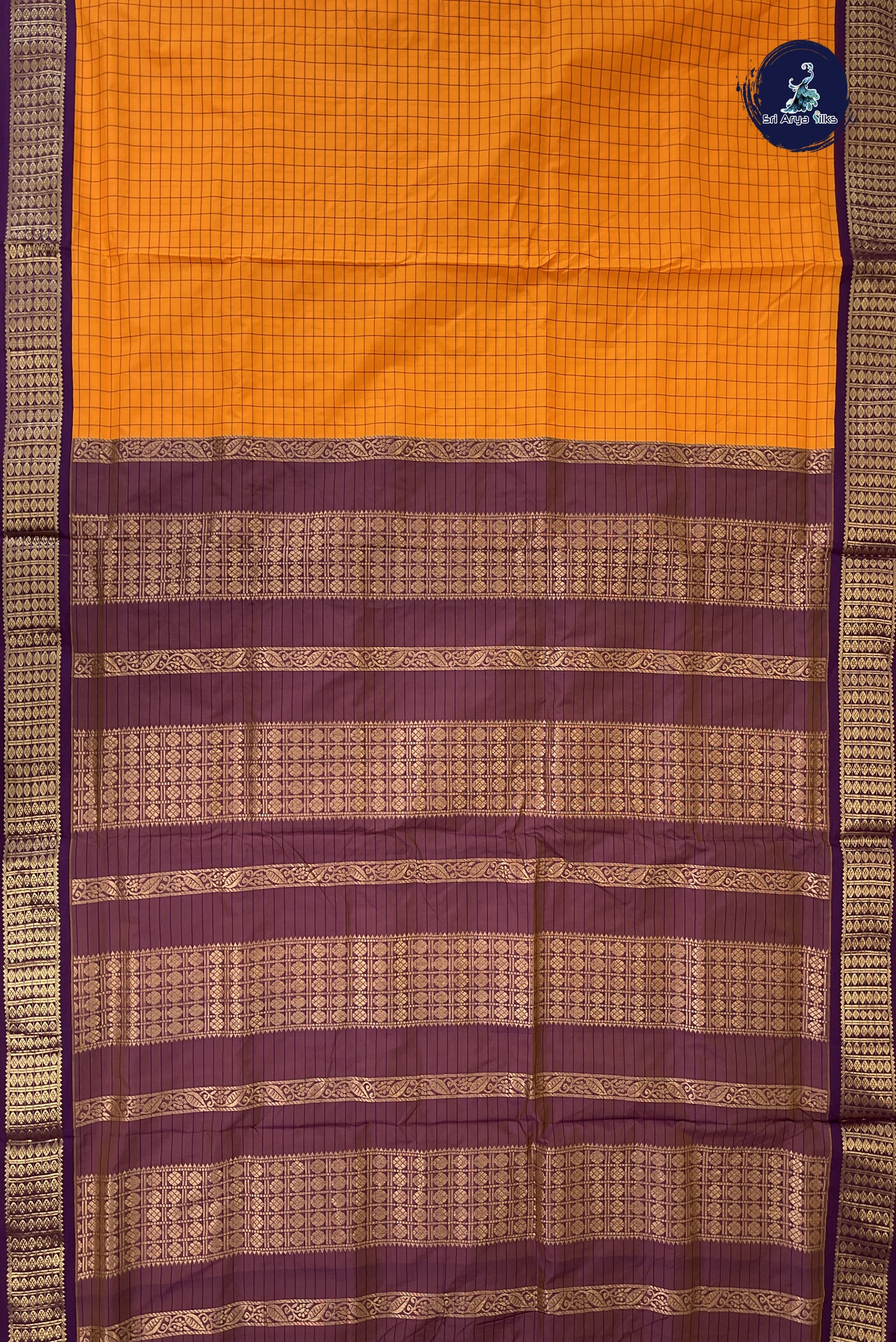 Yellowish Orange 10 Yards Semi Silk With Checked Pattern