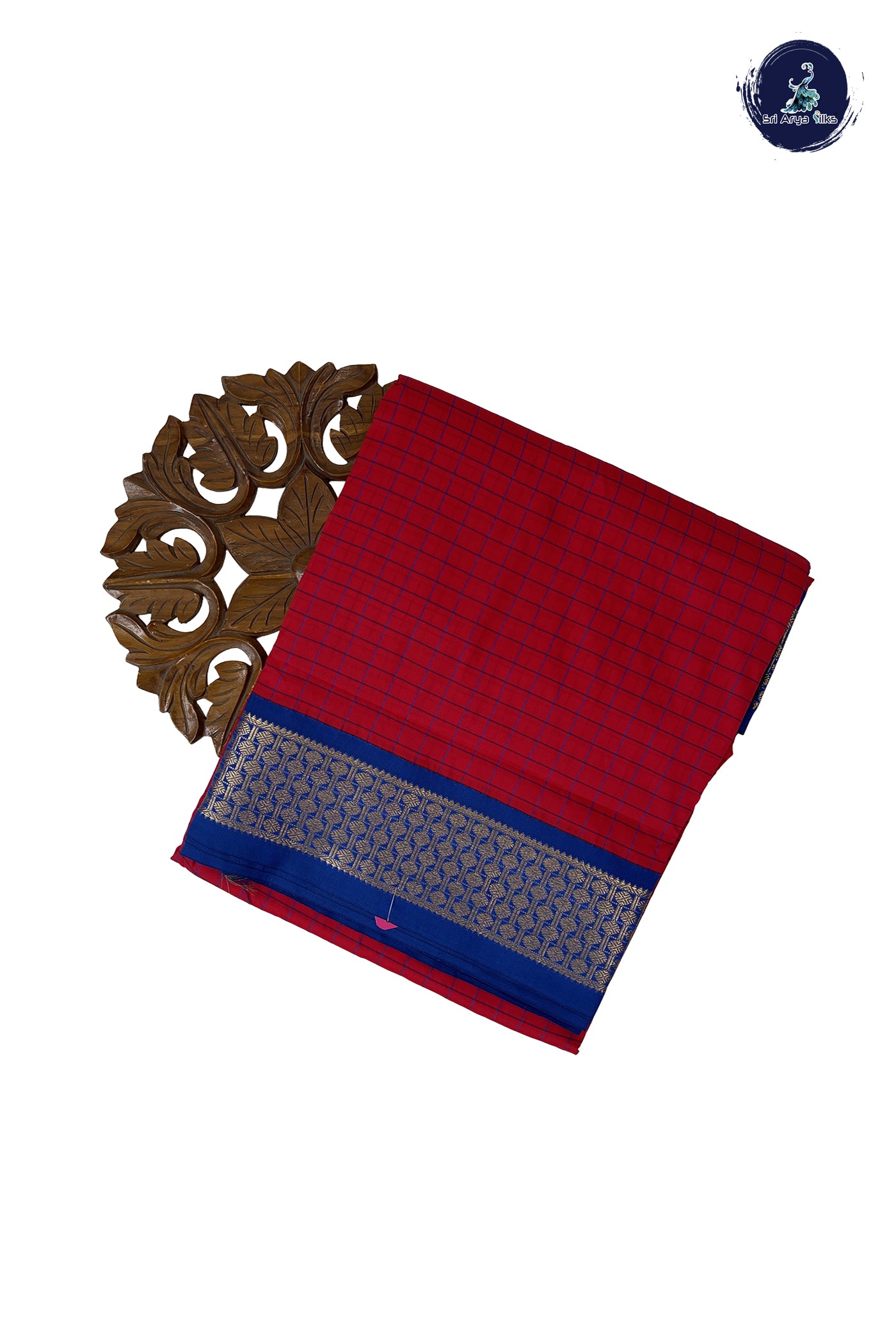 Red 10 Yards Semi Silk With Checked Pattern