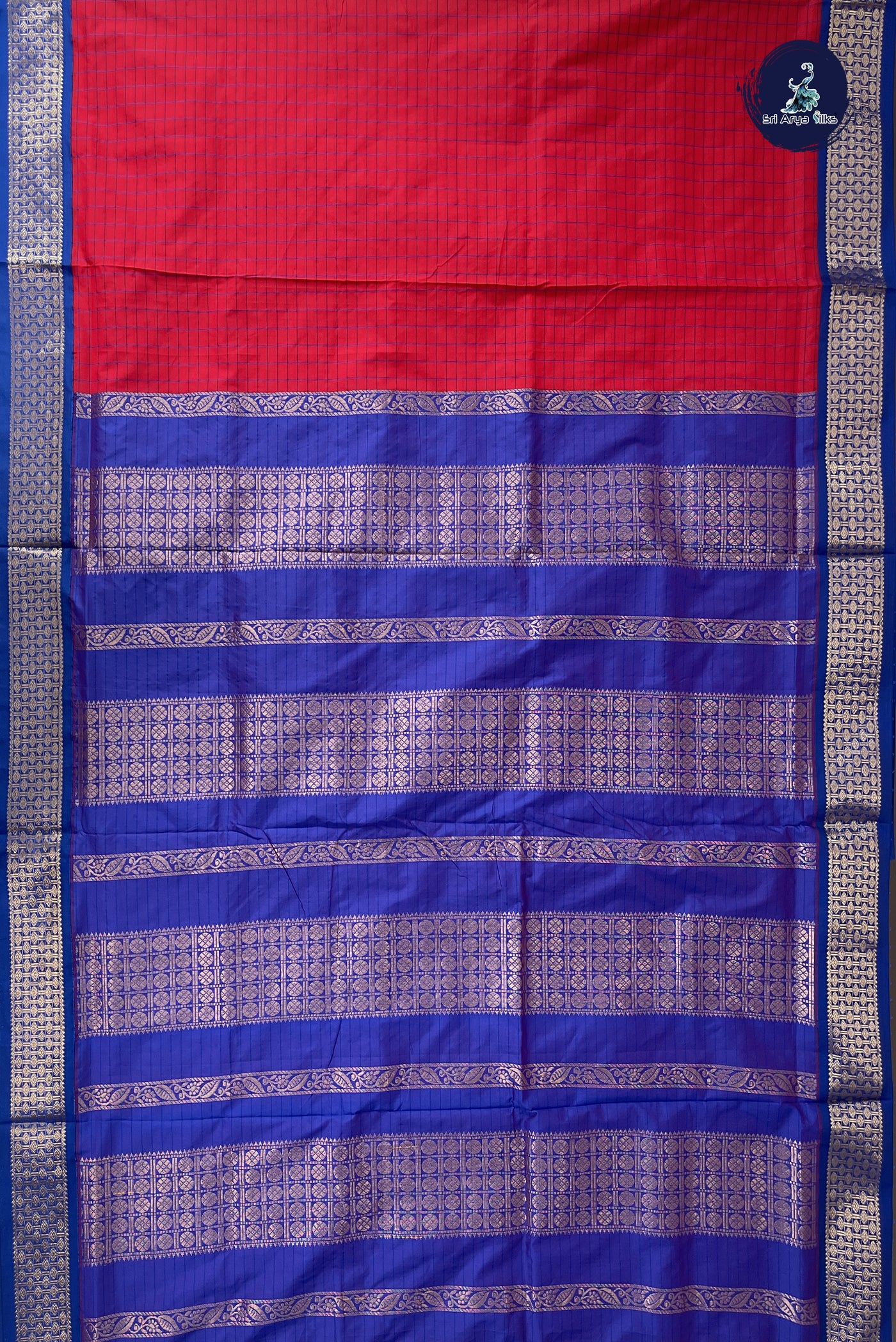 Red 10 Yards Semi Silk With Checked Pattern