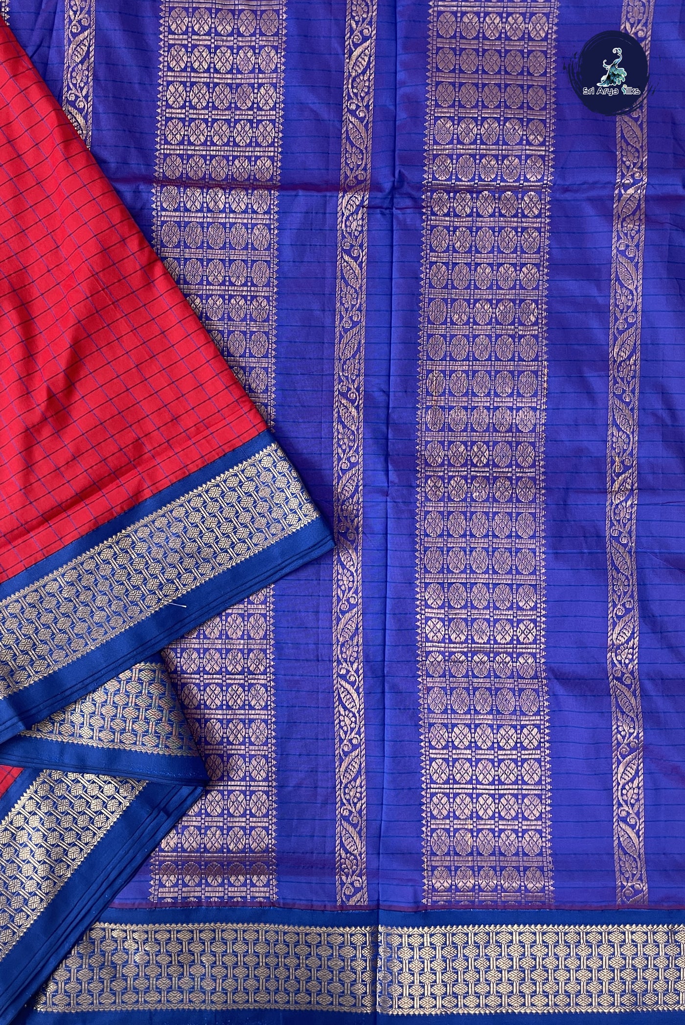 Red 10 Yards Semi Silk With Checked Pattern