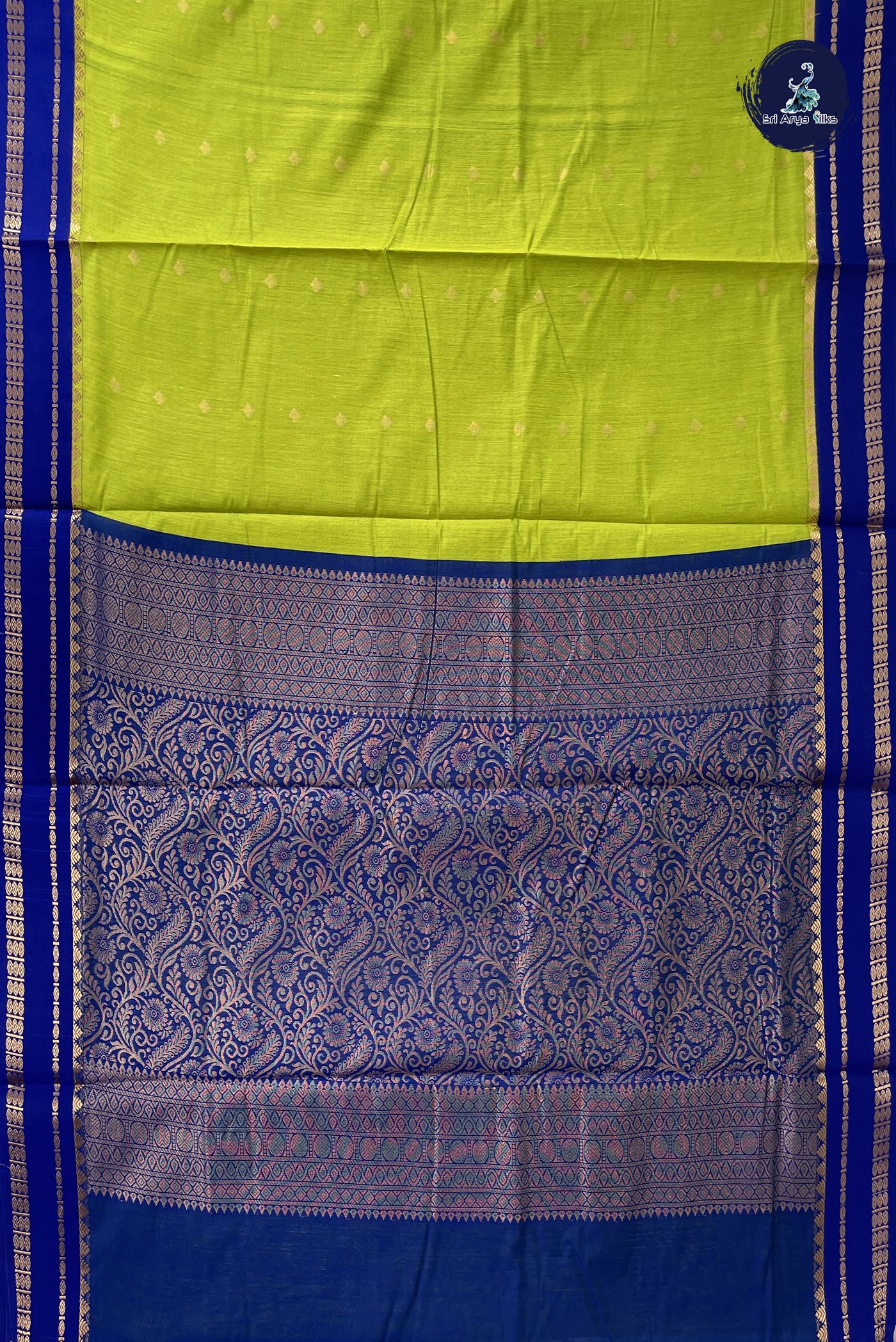 Lime Green Madisar Semi Silk Cotton Saree With Zari Buttas Pattern